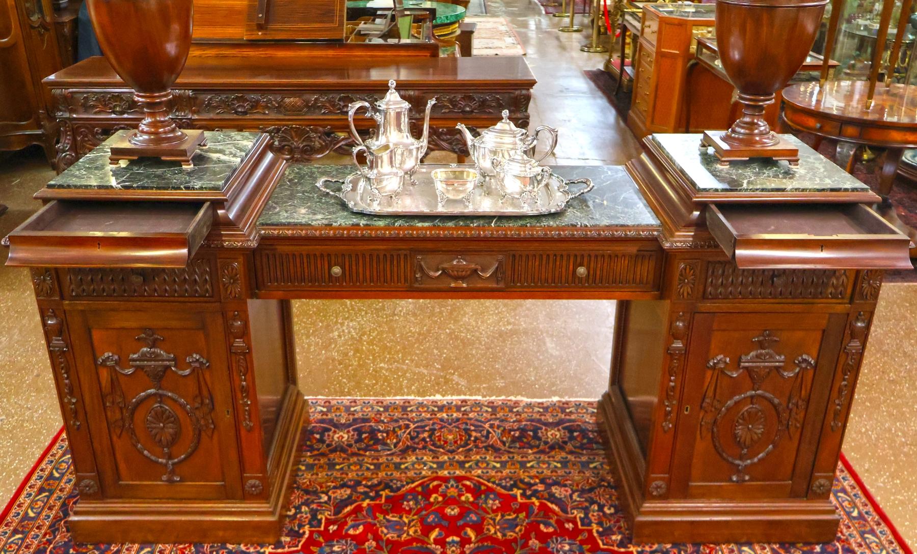 Mahogany Marble Top Adam Style Buffet Sideboard With Knife Boxes Circa 1900 im Angebot 7