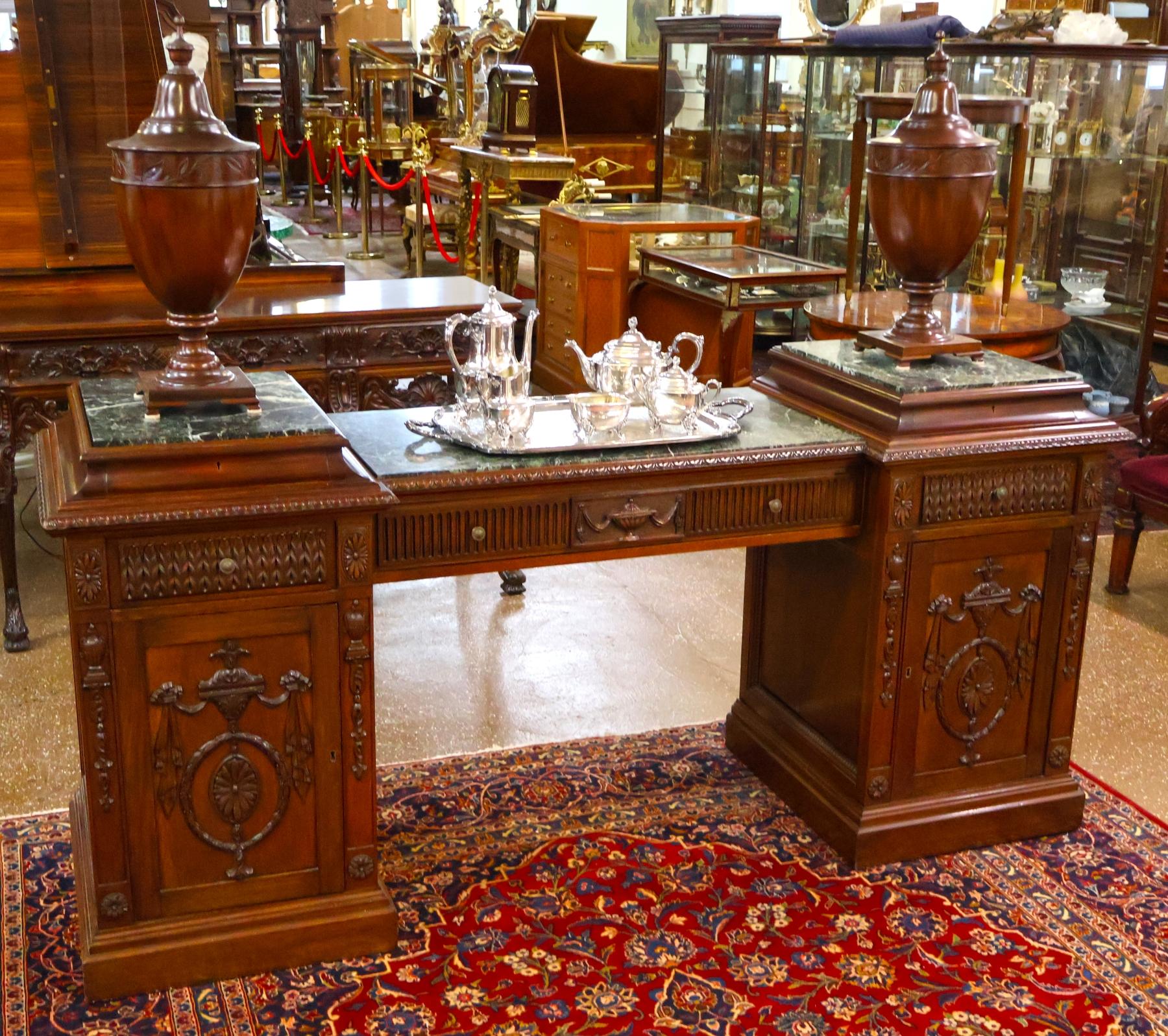 Mahogany Marble Top Adam Style Buffet Sideboard With Knife Boxes Circa 1900 (Adamstil) im Angebot