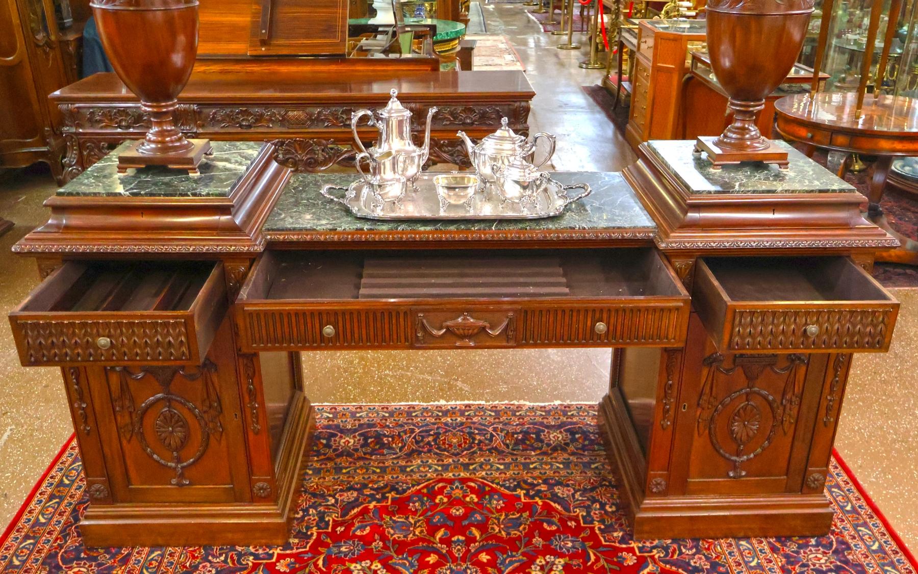 Mahogany Marble Top Adam Style Buffet Sideboard With Knife Boxes Circa 1900 im Angebot 2