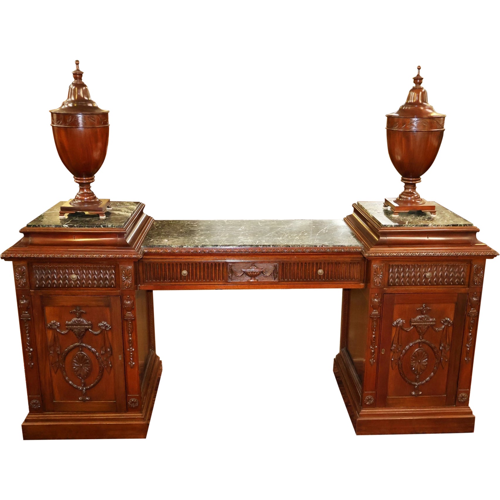 Mahogany Marble Top Adam Style Buffet Sideboard With Knife Boxes Circa 1900