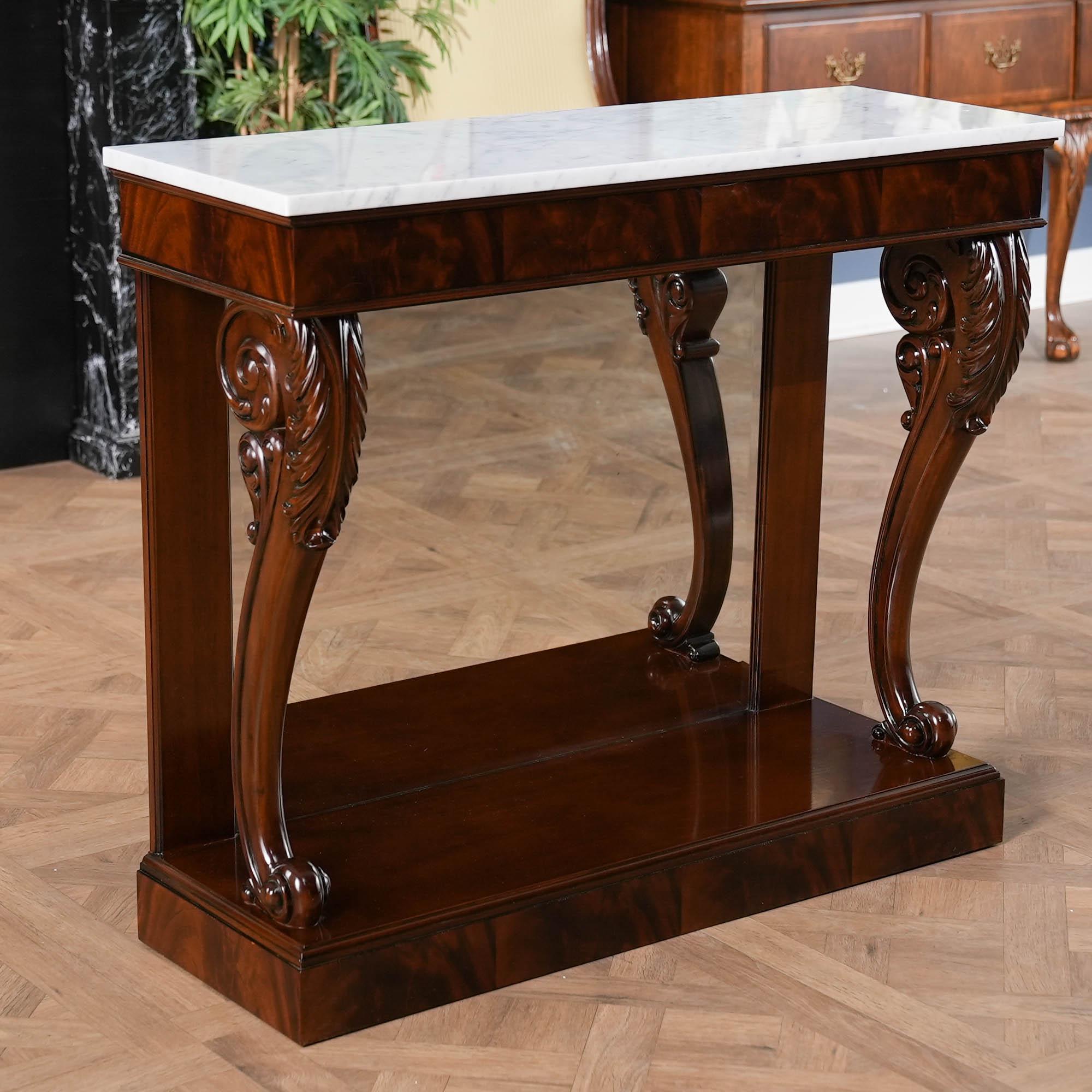 Hand-Carved Mahogany Marble Top Console For Sale