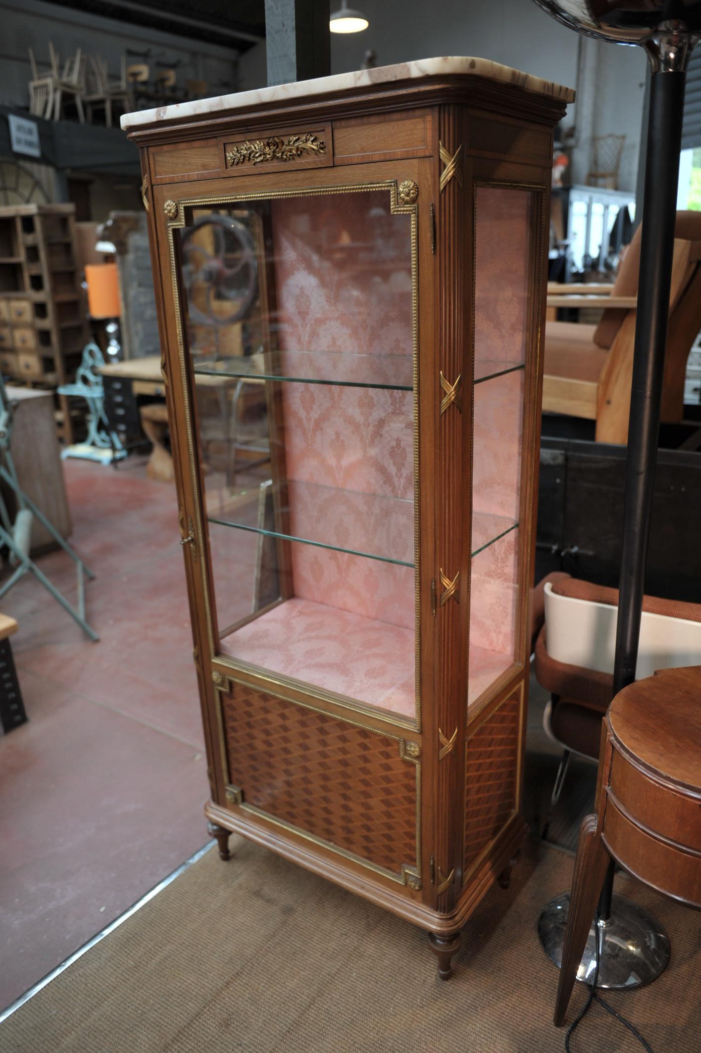 French Mahogany Marqueterie and Bronze Louis XVI Style Bookcase, circa 1900 For Sale