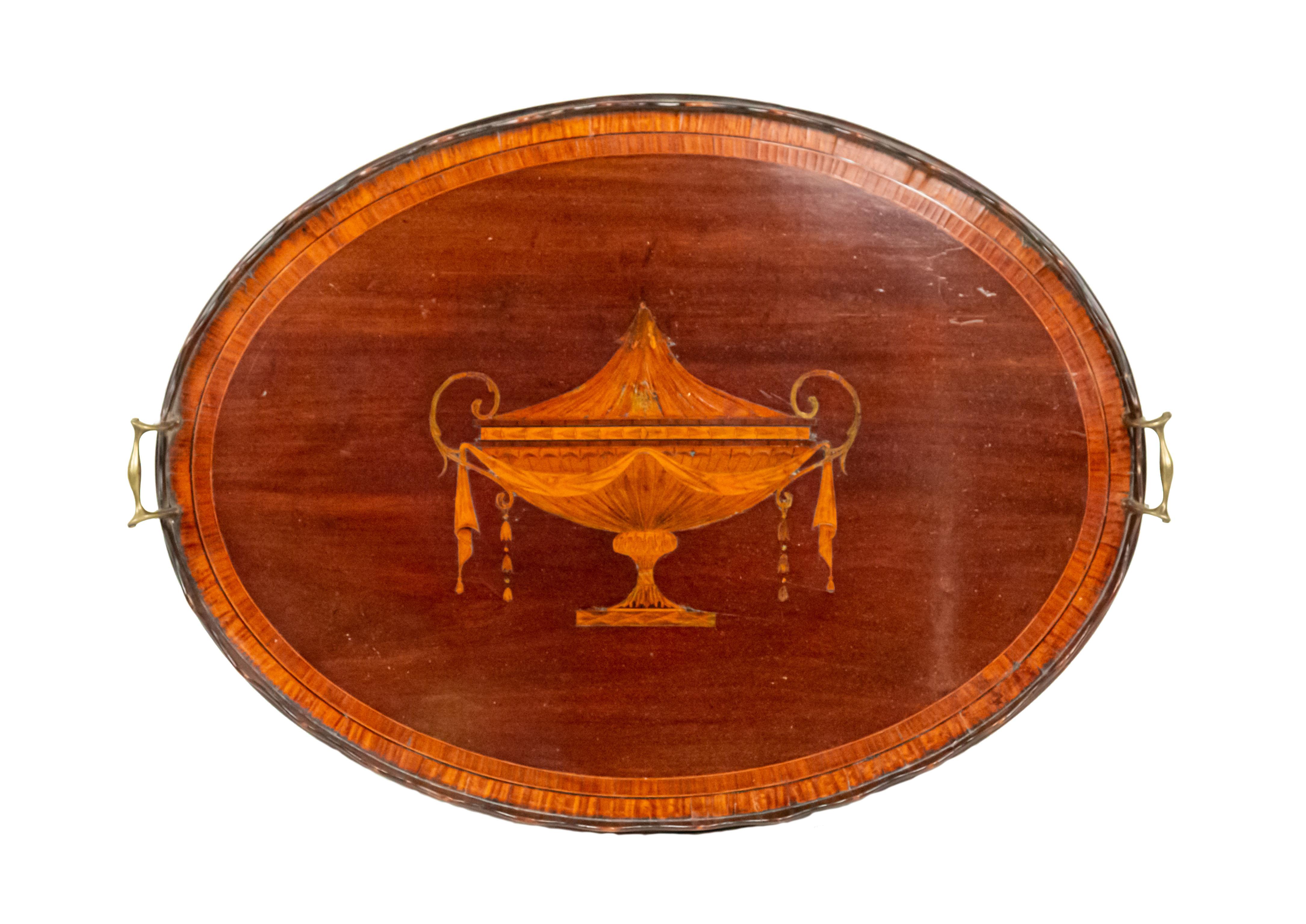 Mahogany Marquetry Tray with Brass Handles 1