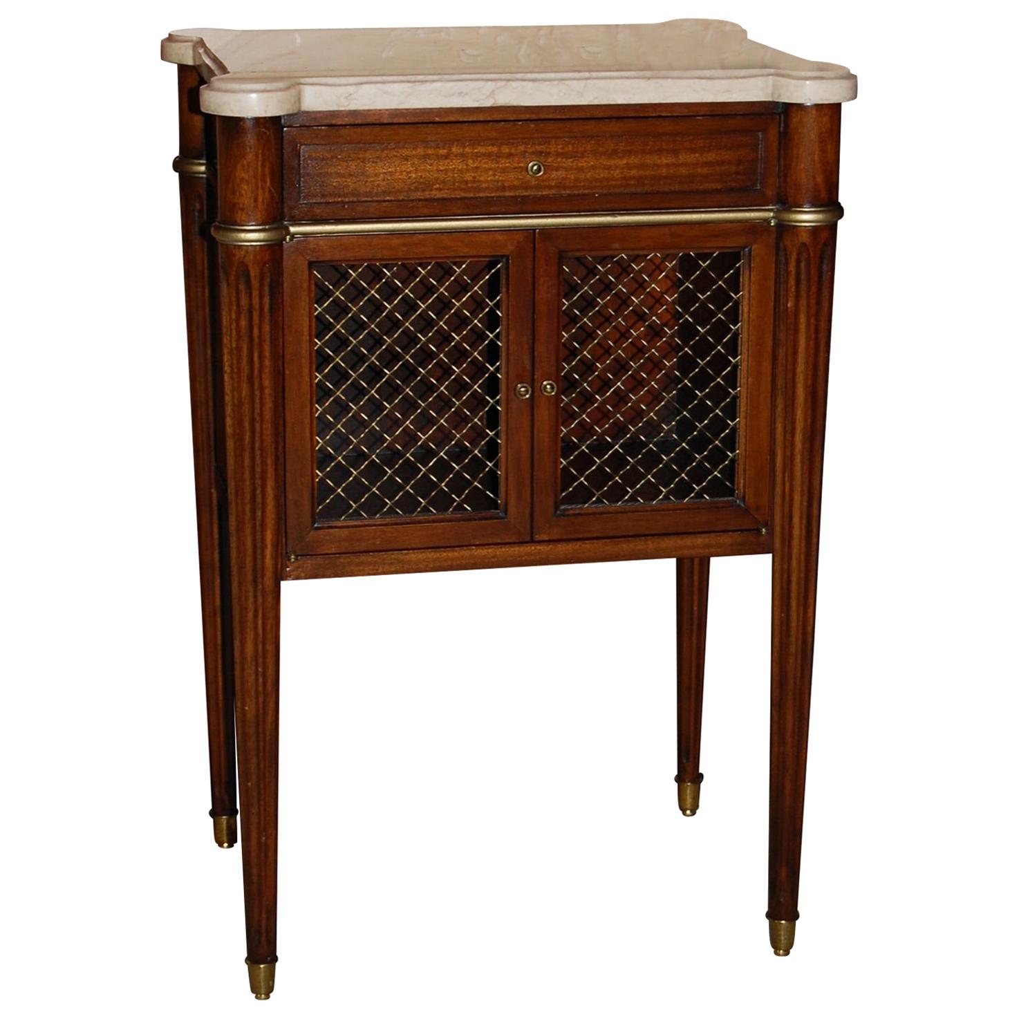 Mahogany Midcentury Marble-Top Night Table in Louis XVI Style by Maslow Freen