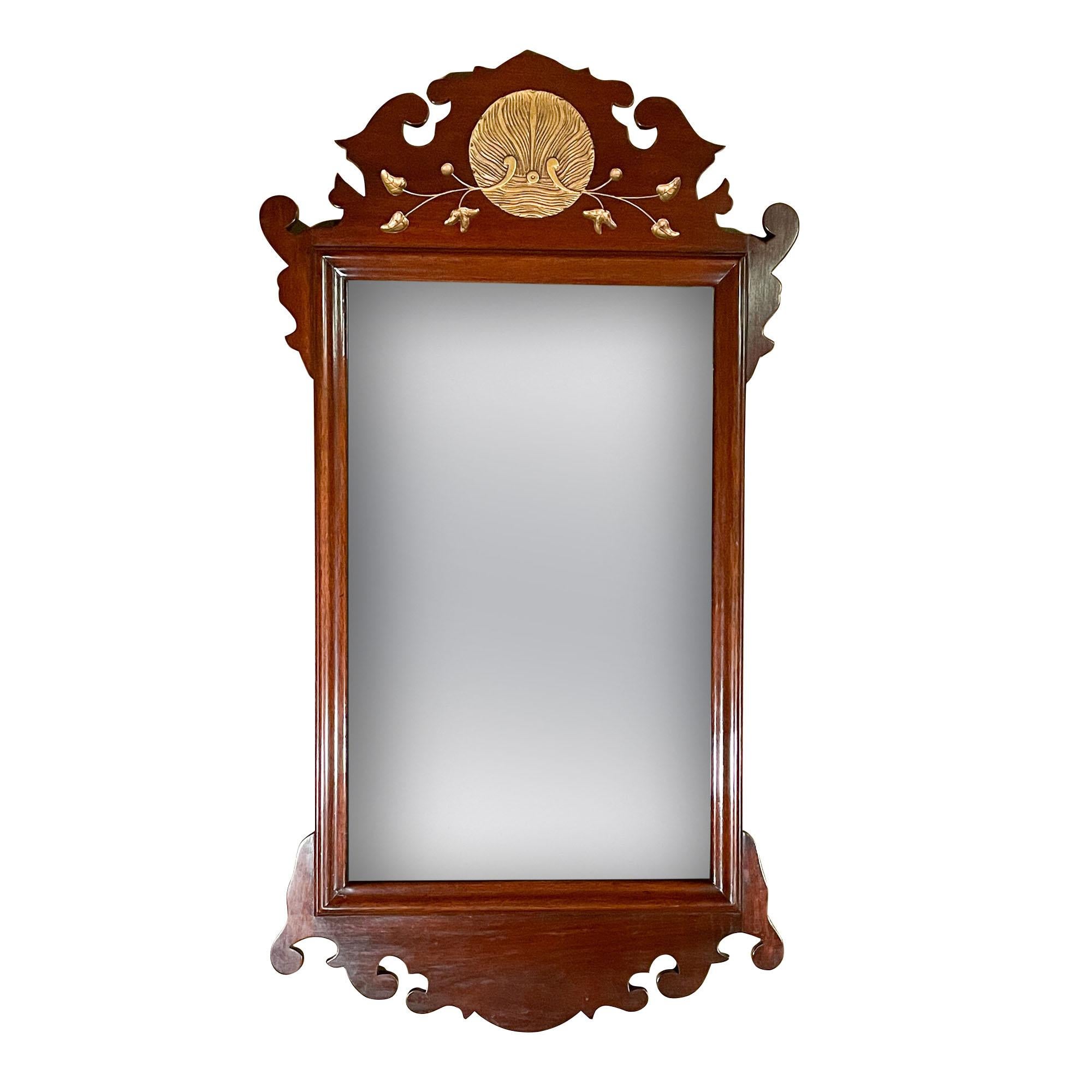 Mahogany Mirror with Carved Top For Sale