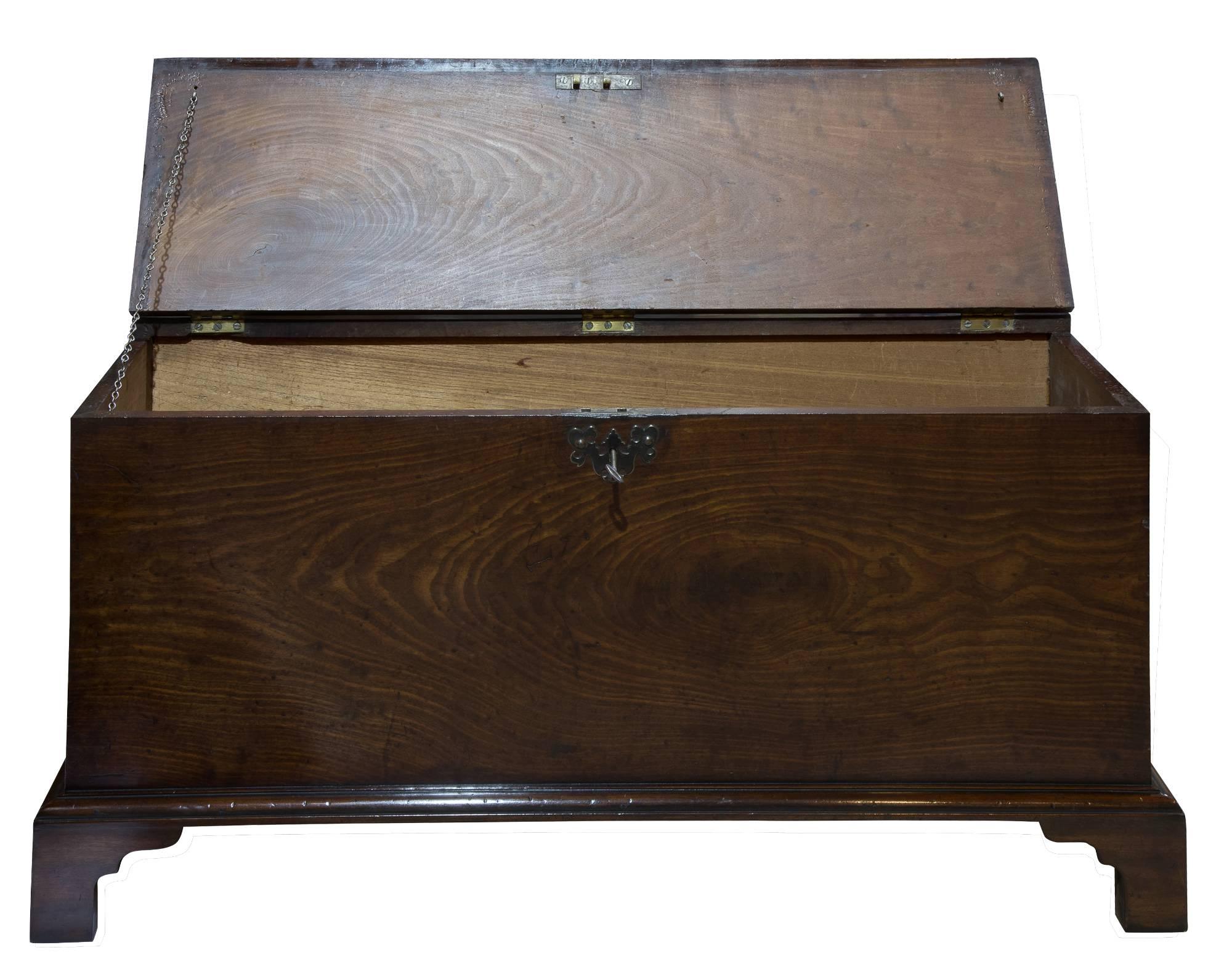 A fantastic mahogany Trunk or deed chest, superb colour. Original carry handles, stamped W.S Pryor 1846

With key.