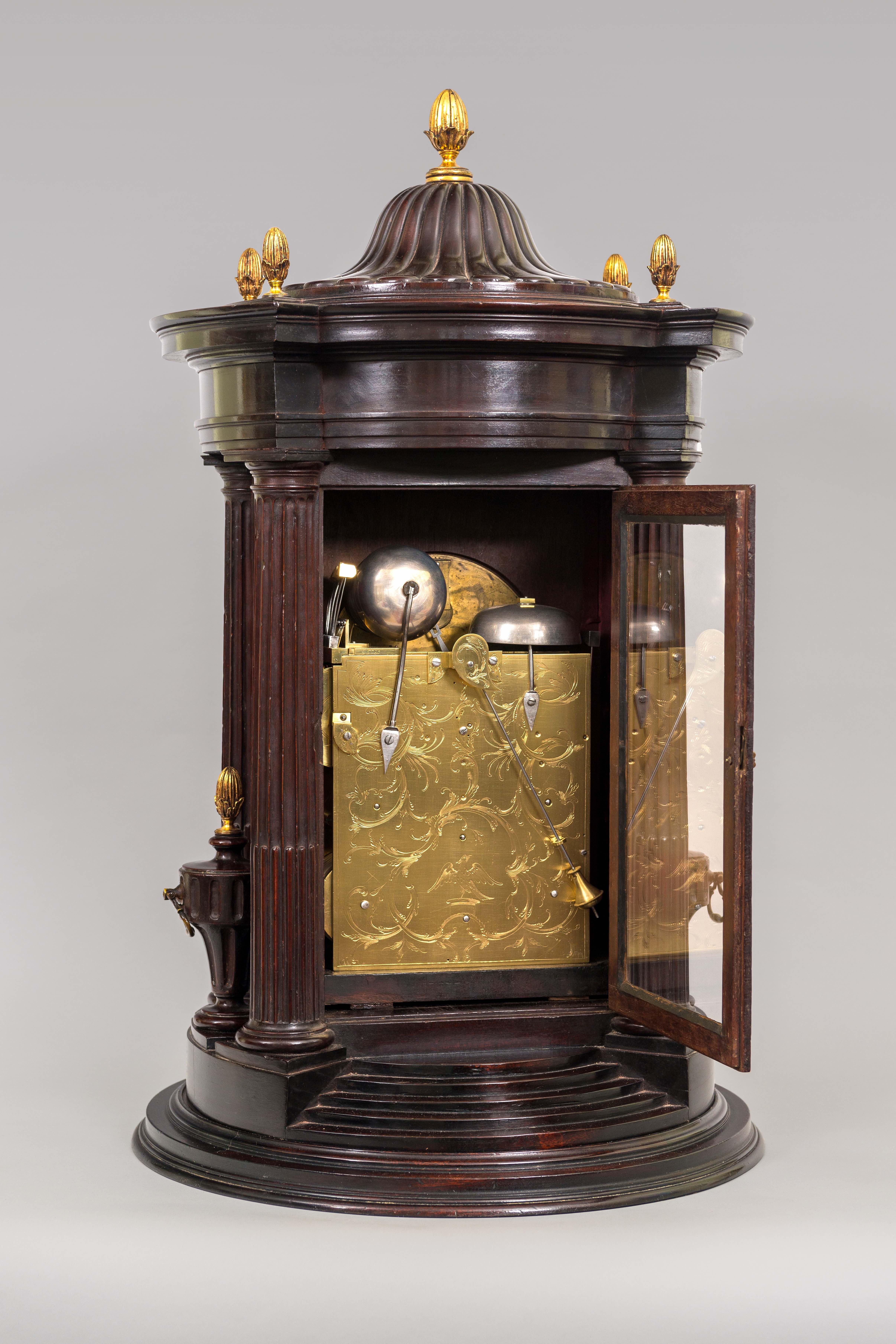 English 18th Century Antique Mahogany Musical Table Clock by Ralph Gout of London For Sale
