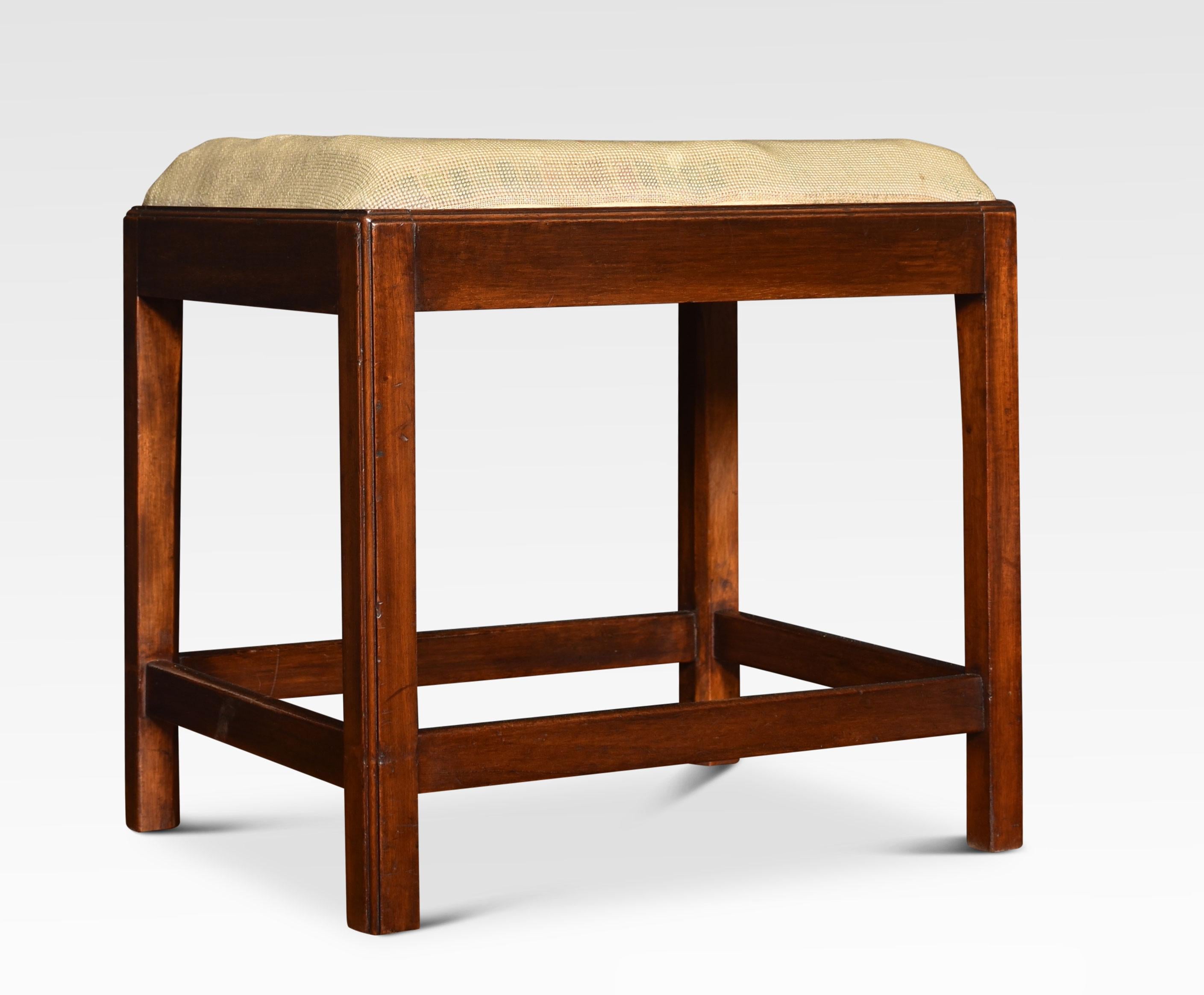 19th-century mahogany framed stool, the square top with floral needlepoint seat, raised up on square sports united by stretchers.
Dimensions
Height 19.5 Inches
Width 20 Inches
Depth 16 Inches.