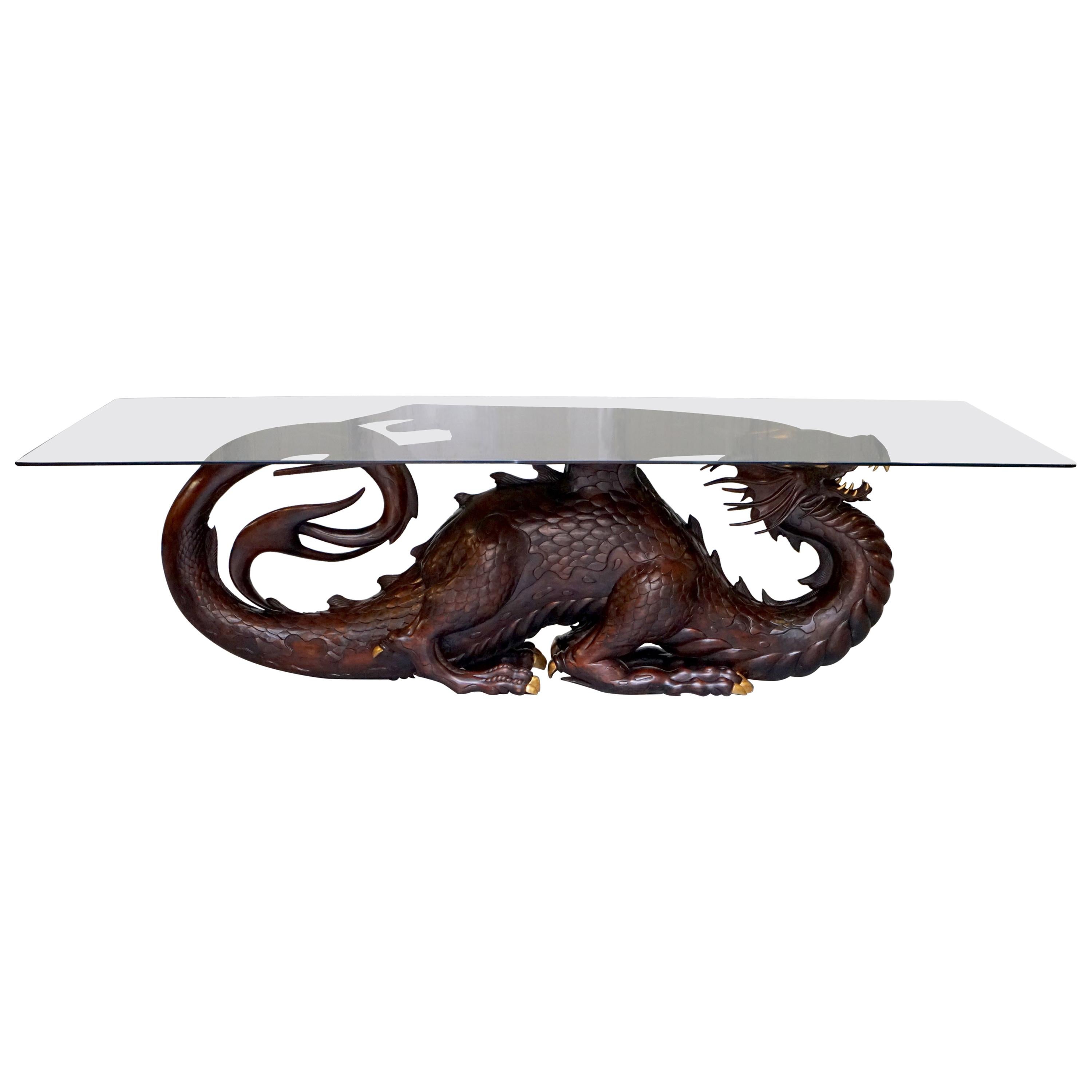 Hardwood Neil Busby Dragon 12 Person Dining Table Ruby Eyes 22-Carat Gold