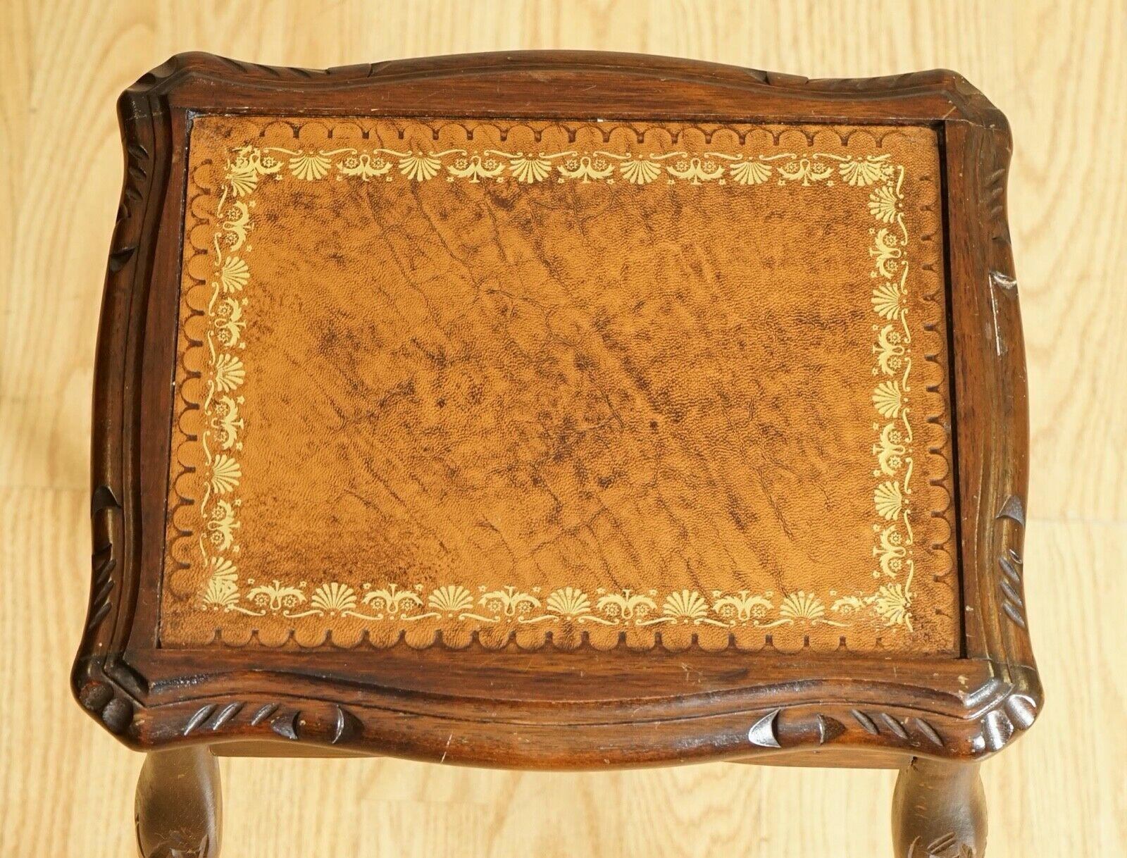 Hardwood Nest of Tables Queen Anne Style Legs with Brown Embossed Leather Top For Sale 4