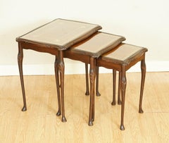 Hardwood Nest of Tables Queen Anne Style Legs with Brown Embossed Leather Top