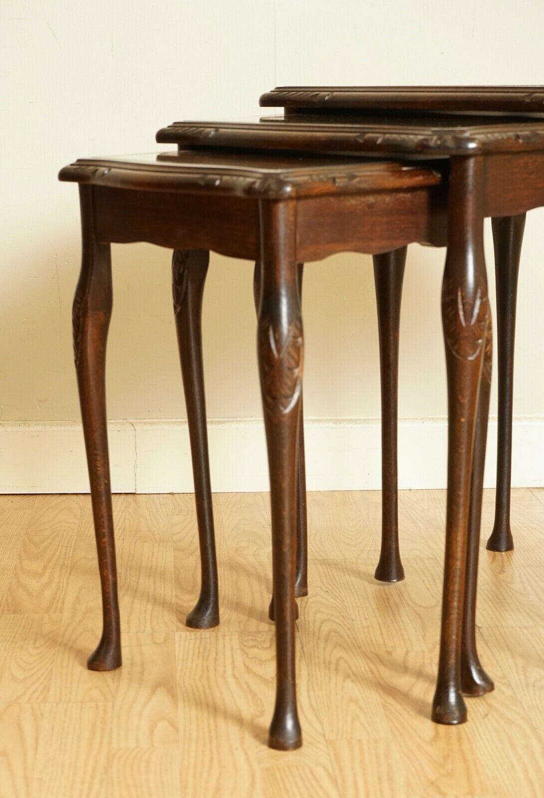 Hardwood Nest of Tables Queen Anne Style Legs with Brown Embossed Leather Top For Sale 1