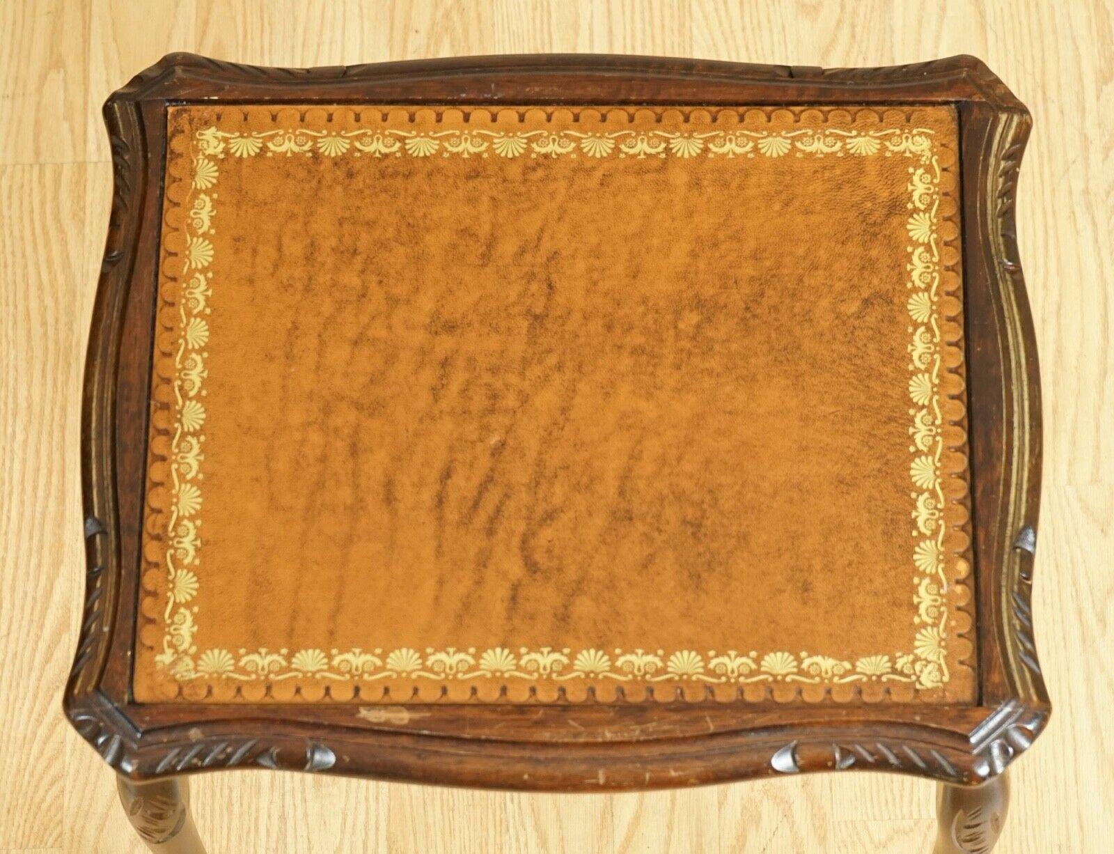 Hardwood Nest of Tables Queen Anne Style Legs with Brown Embossed Leather Top For Sale 2