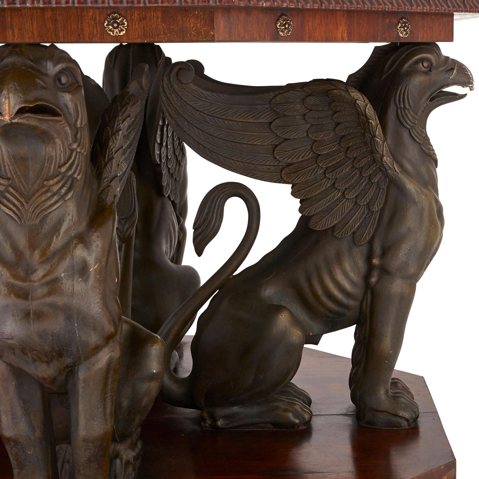 English Mahogany Octagonal Table with Bronzed Metal Griffins For Sale