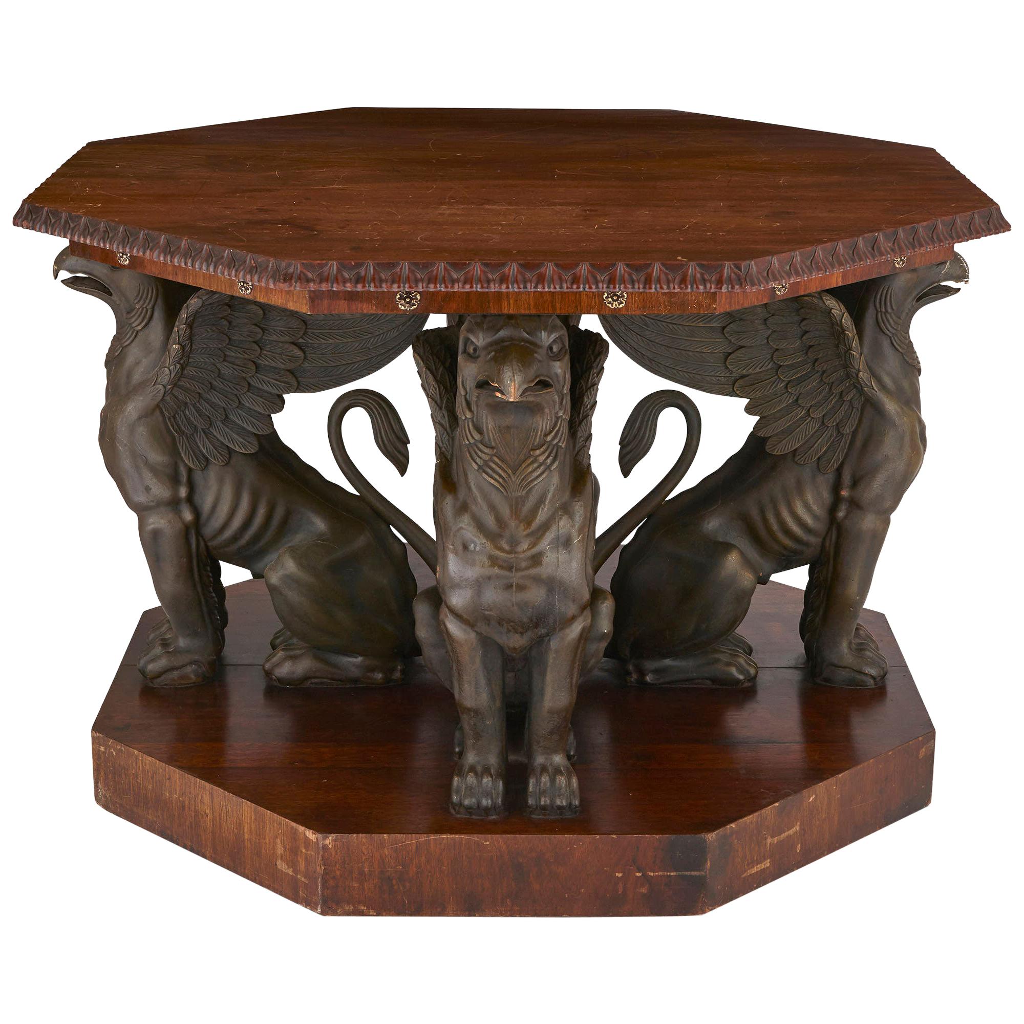 Mahogany Octagonal Table with Bronzed Metal Griffins For Sale