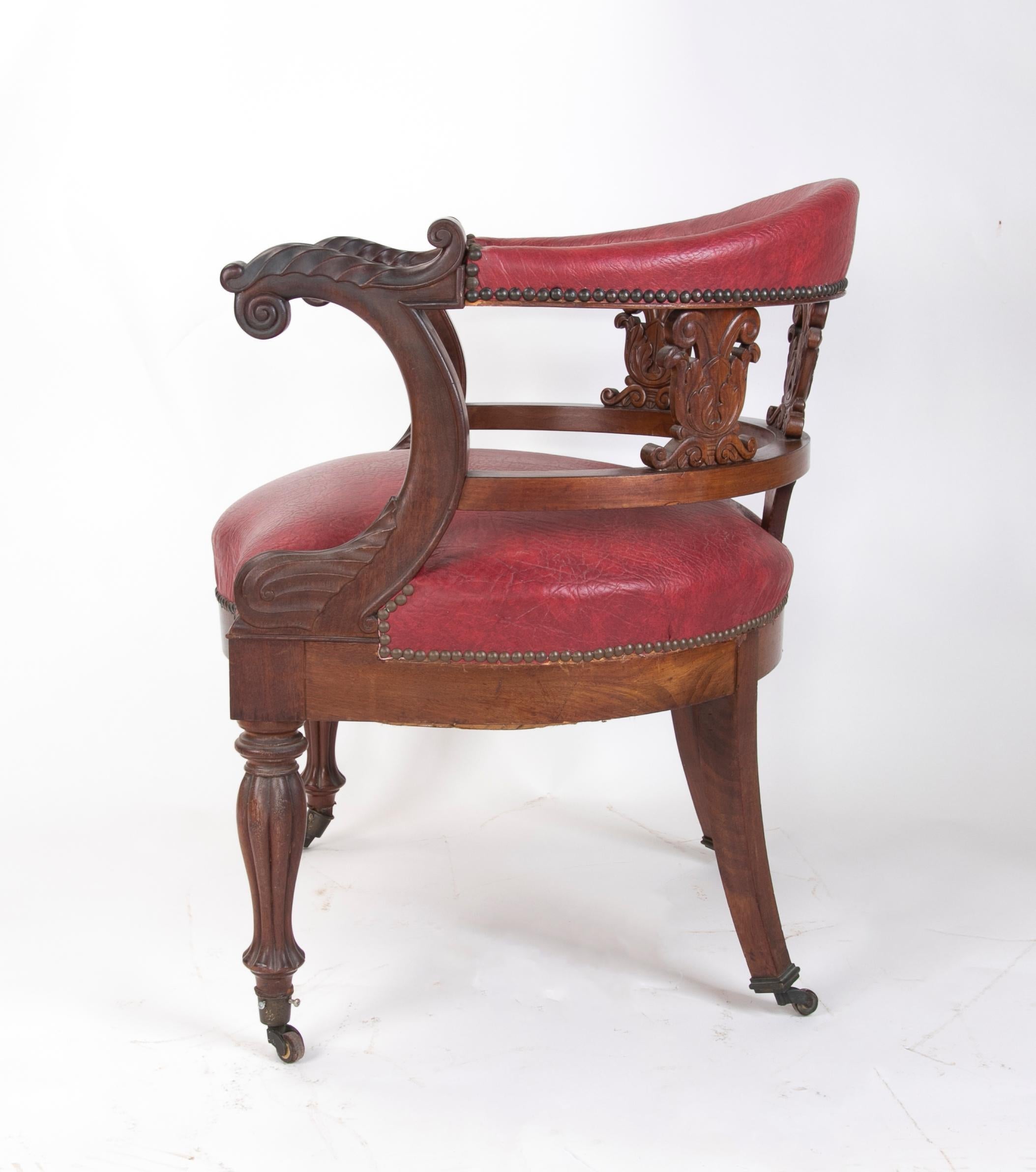 English Mahogany Office Chair with Bronze Wheels and Faux Leather Seating and Backrest For Sale