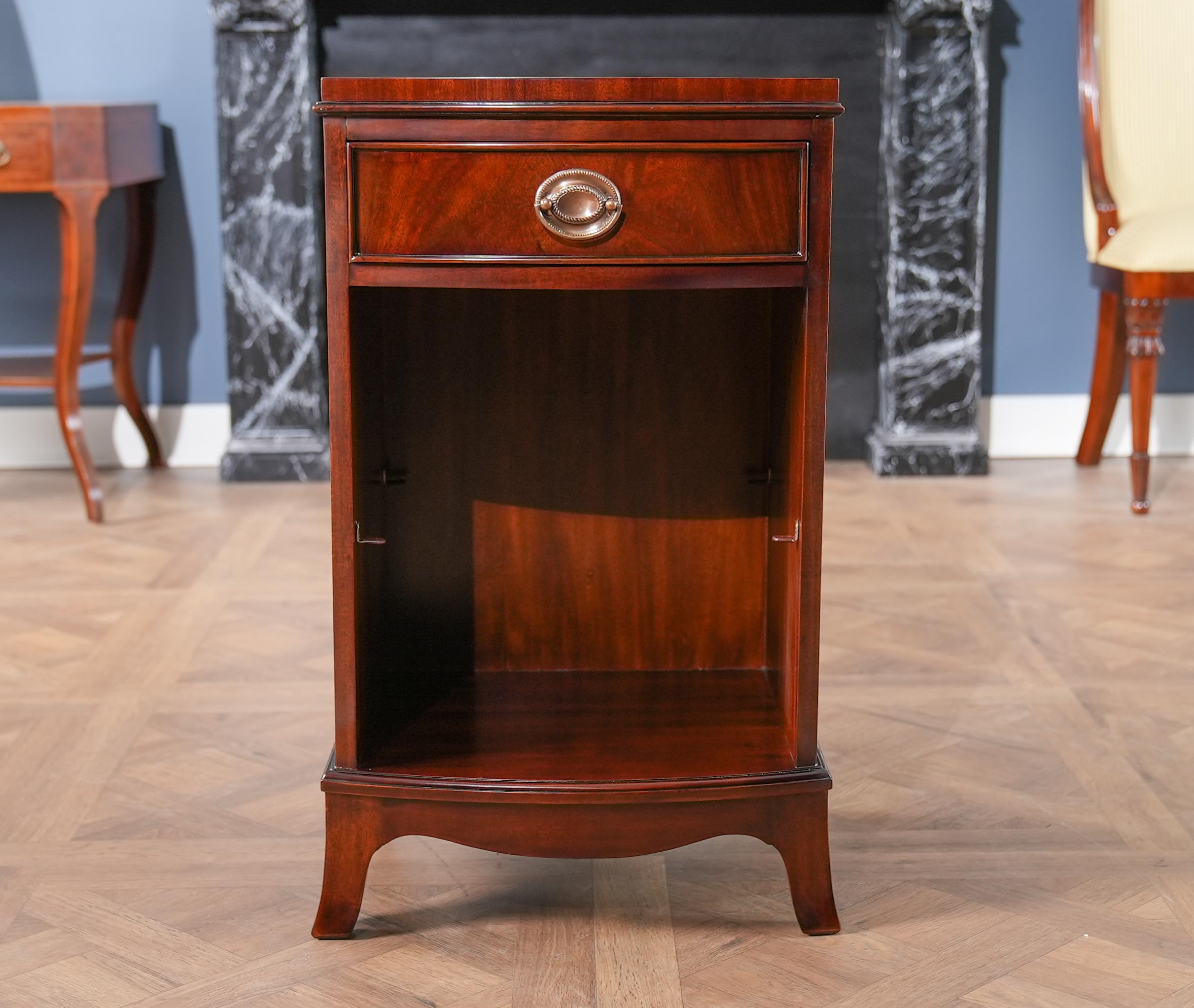 A fine quality Mahogany One Drawer Nightstand featuring hand shaped, solid mahogany details as well as dovetailed drawers. The bowed front creates a beautiful shape, and the single drawers create, and shelf creates a lot of practical storage in a