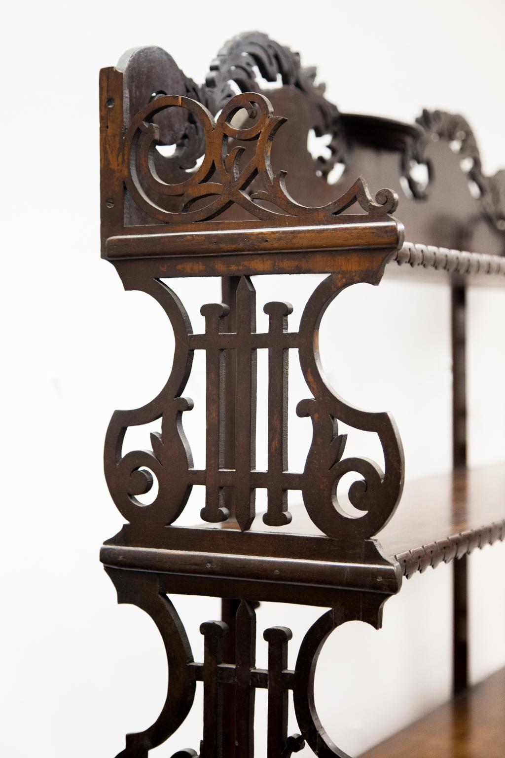 Wood Mahogany Open Fretwork Three-Tiered Shelf For Sale