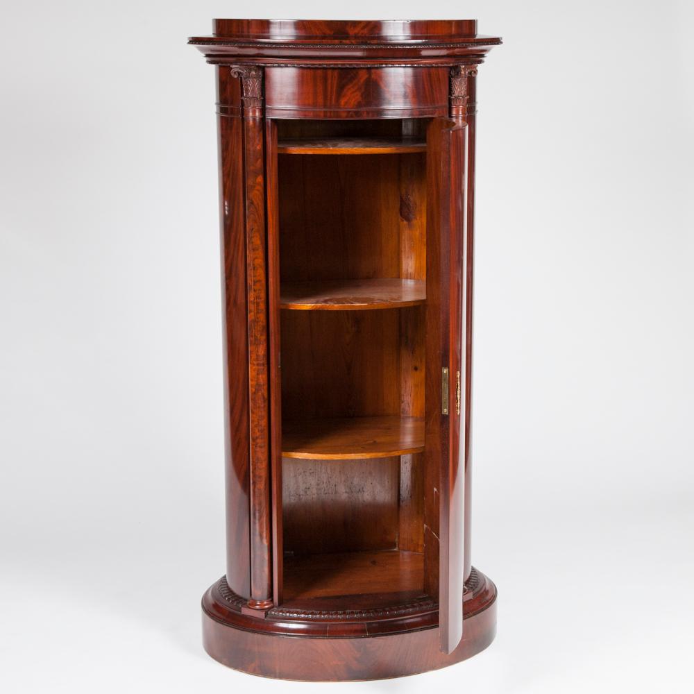 Danish Mahogany Oval Pedestal Cabinet, with Carved Corinthian Columns For Sale
