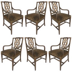 Vintage Mahogany Parcel Gilt Set of 6 Dining Chair, Slat Backs and Leopard Print Velvet