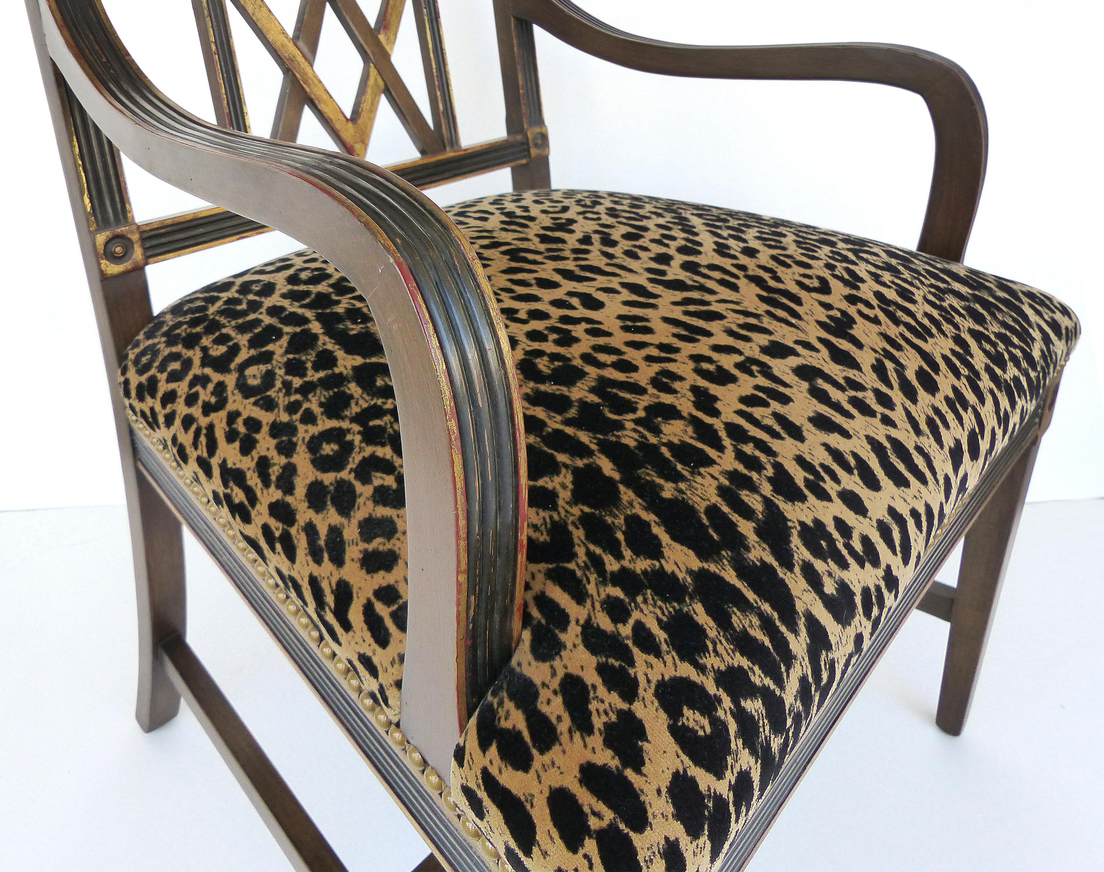 Mahogany Parcel Gilt Set of 6 Dining Chair, Slat Backs and Leopard Print Velvet 3