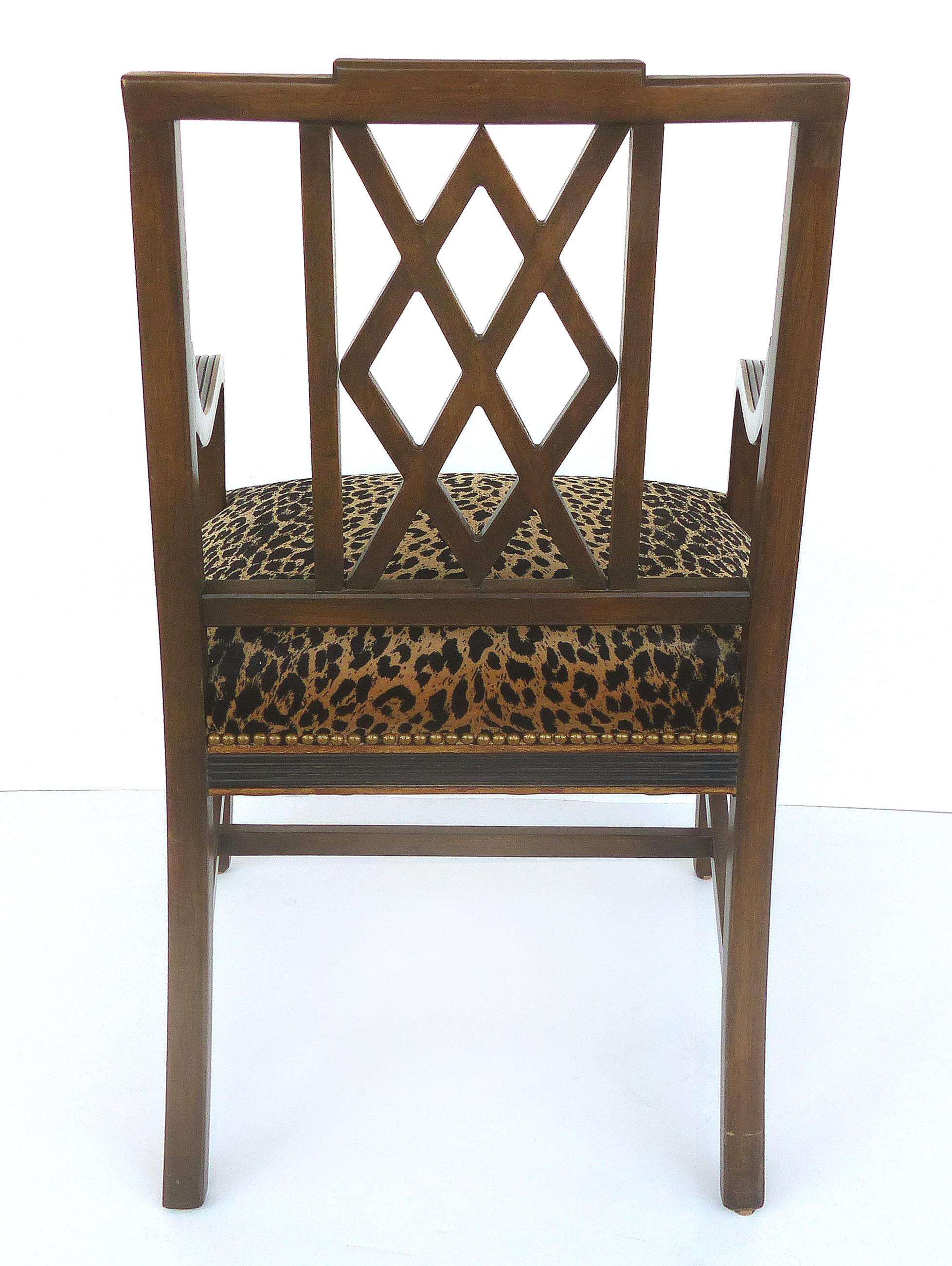 American Mahogany Parcel Gilt Set of 6 Dining Chair, Slat Backs and Leopard Print Velvet