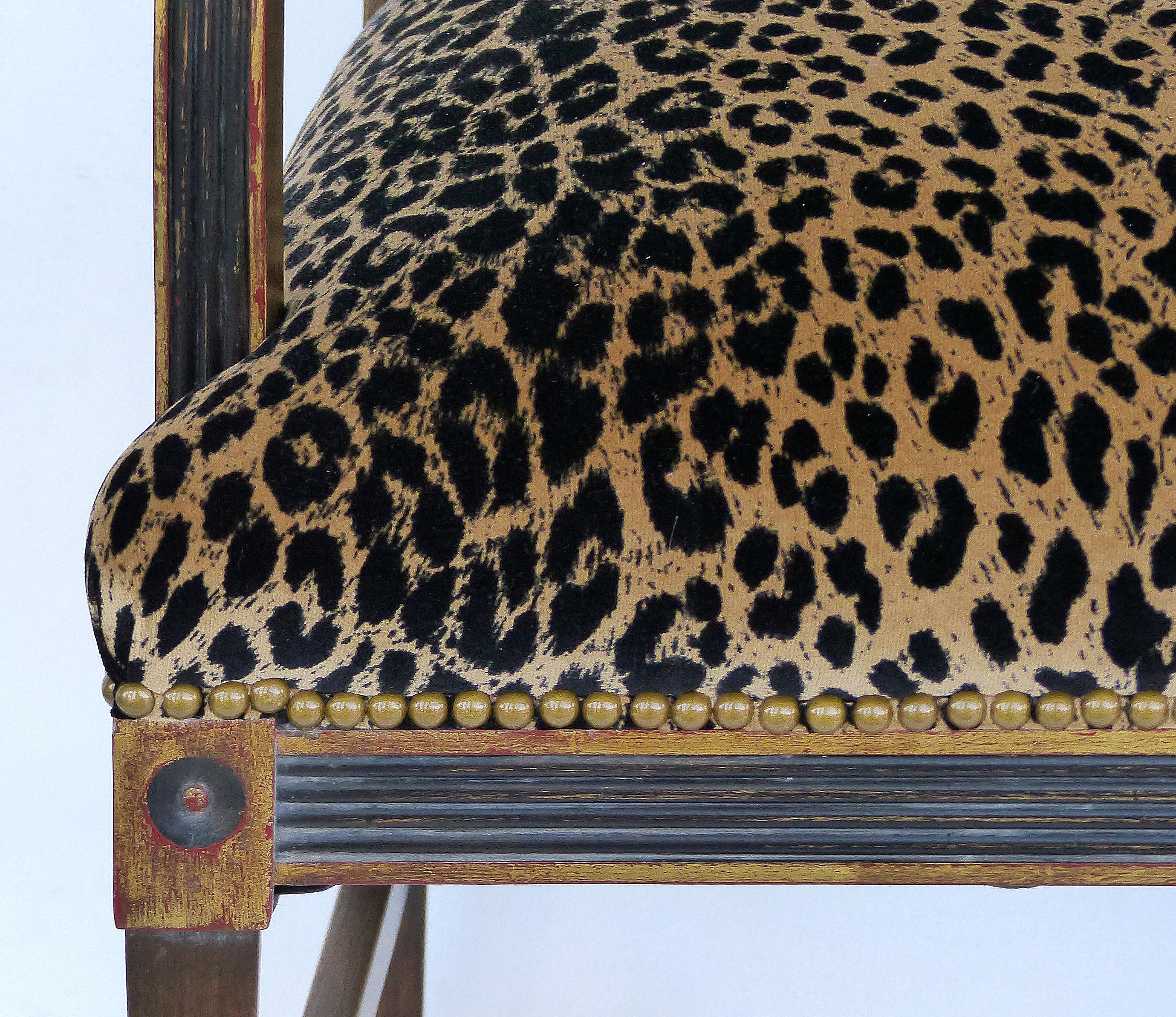 20th Century Mahogany Parcel Gilt Set of 6 Dining Chair, Slat Backs and Leopard Print Velvet