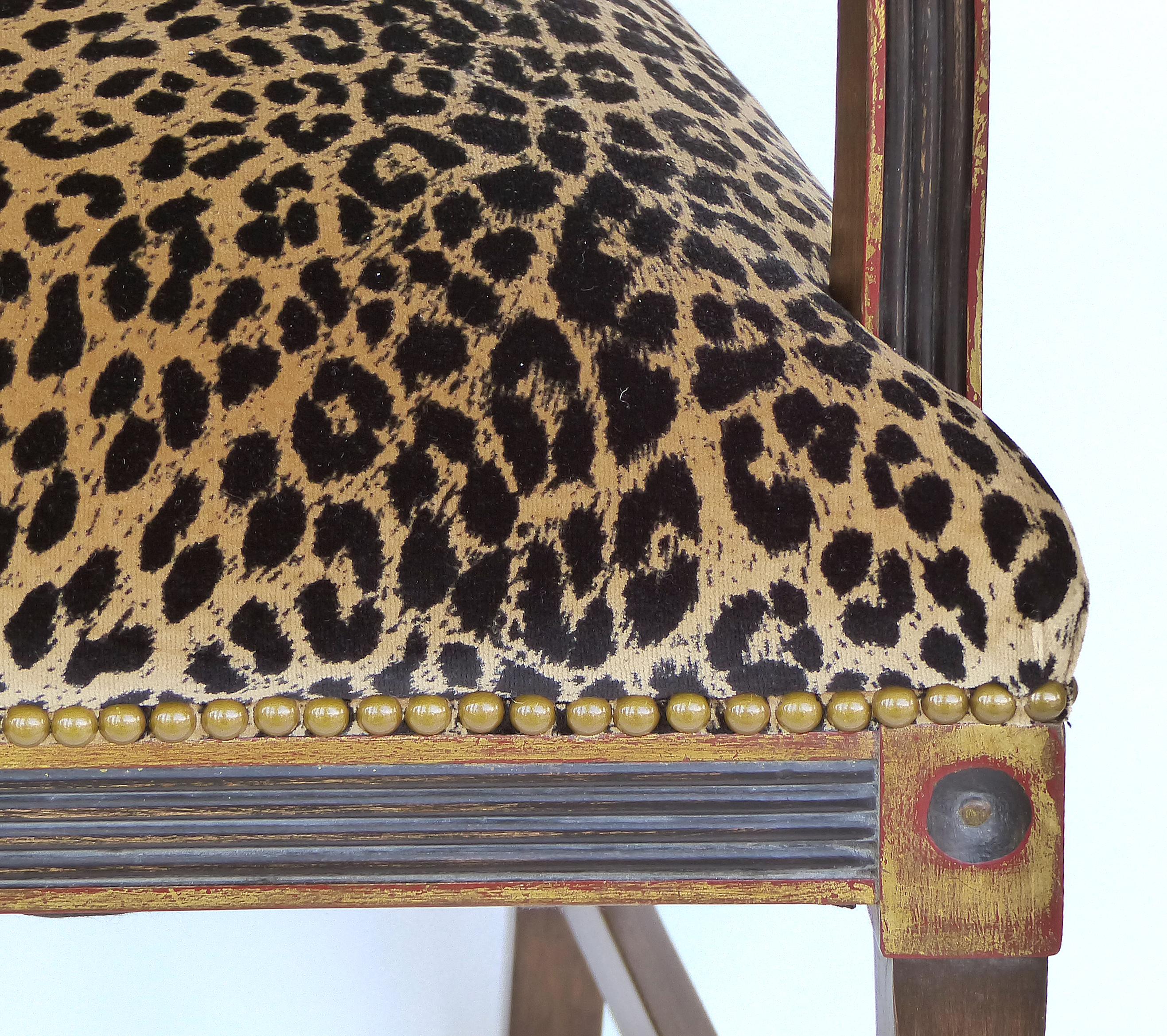 Mahogany Parcel Gilt Set of 6 Dining Chair, Slat Backs and Leopard Print Velvet 1