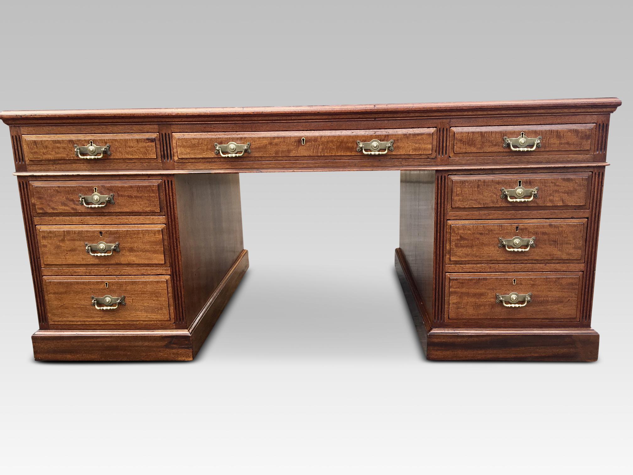 Fine quality 18 drawer Large Mahogany Partners Desk. English, circa 1880s by Maple & Co.
This is a very impressive large desk, ideal for either home or business use with dimensions of 66