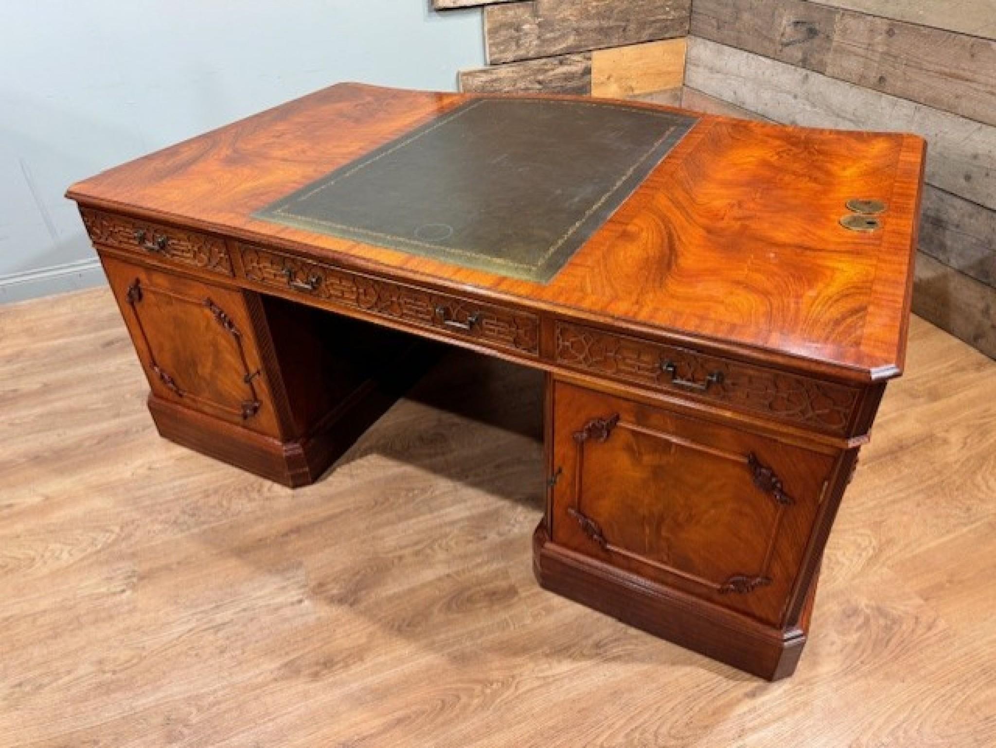 Mahogany Partners Desk and Chair Set Serpentine Library Table by Wade 12