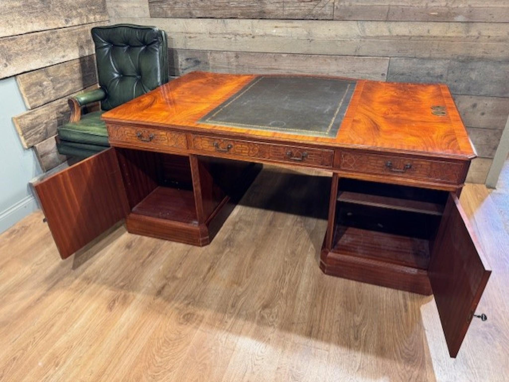 Late 20th Century Mahogany Partners Desk and Chair Set Serpentine Library Table by Wade