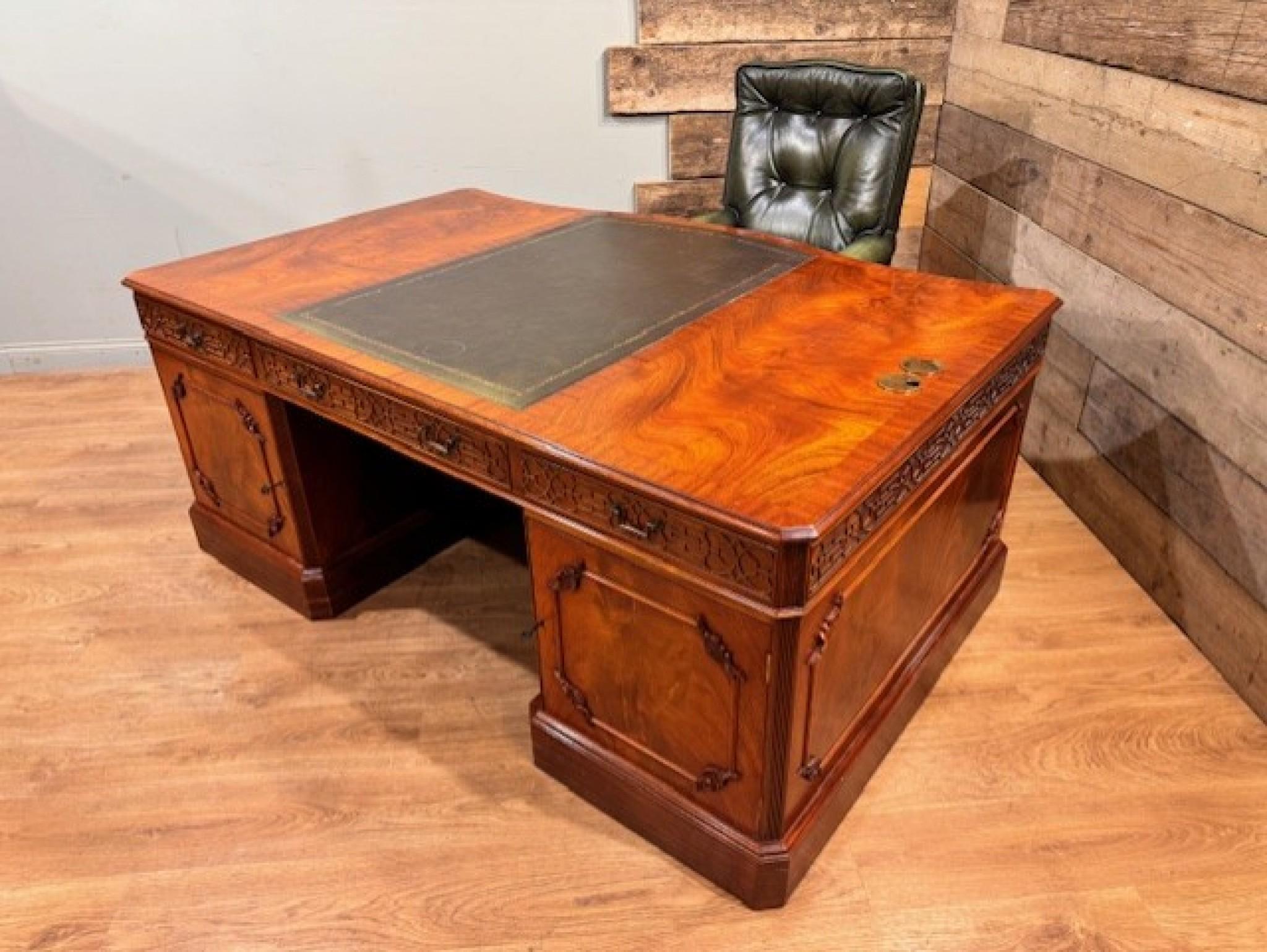 Mahogany Partners Desk and Chair Set Serpentine Library Table by Wade 2