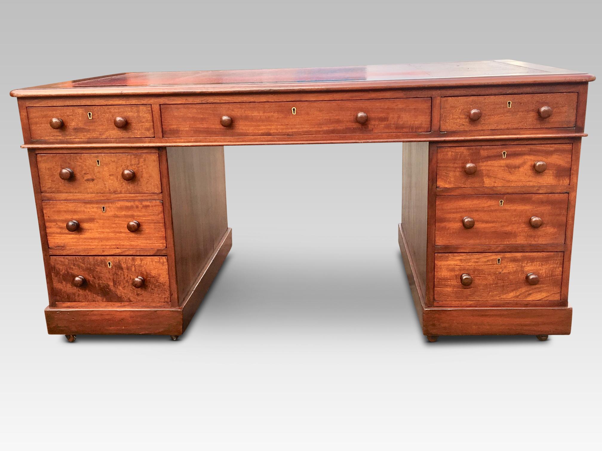 Good quality 9-drawer mahogany partners desk with attractive veneers,
mellow colour and good patina. English, circa 1860.
An attractive desk with 9 smoothly running drawers to the front and 3 drawers 
and 2 cupboard doors to the rear. It has a