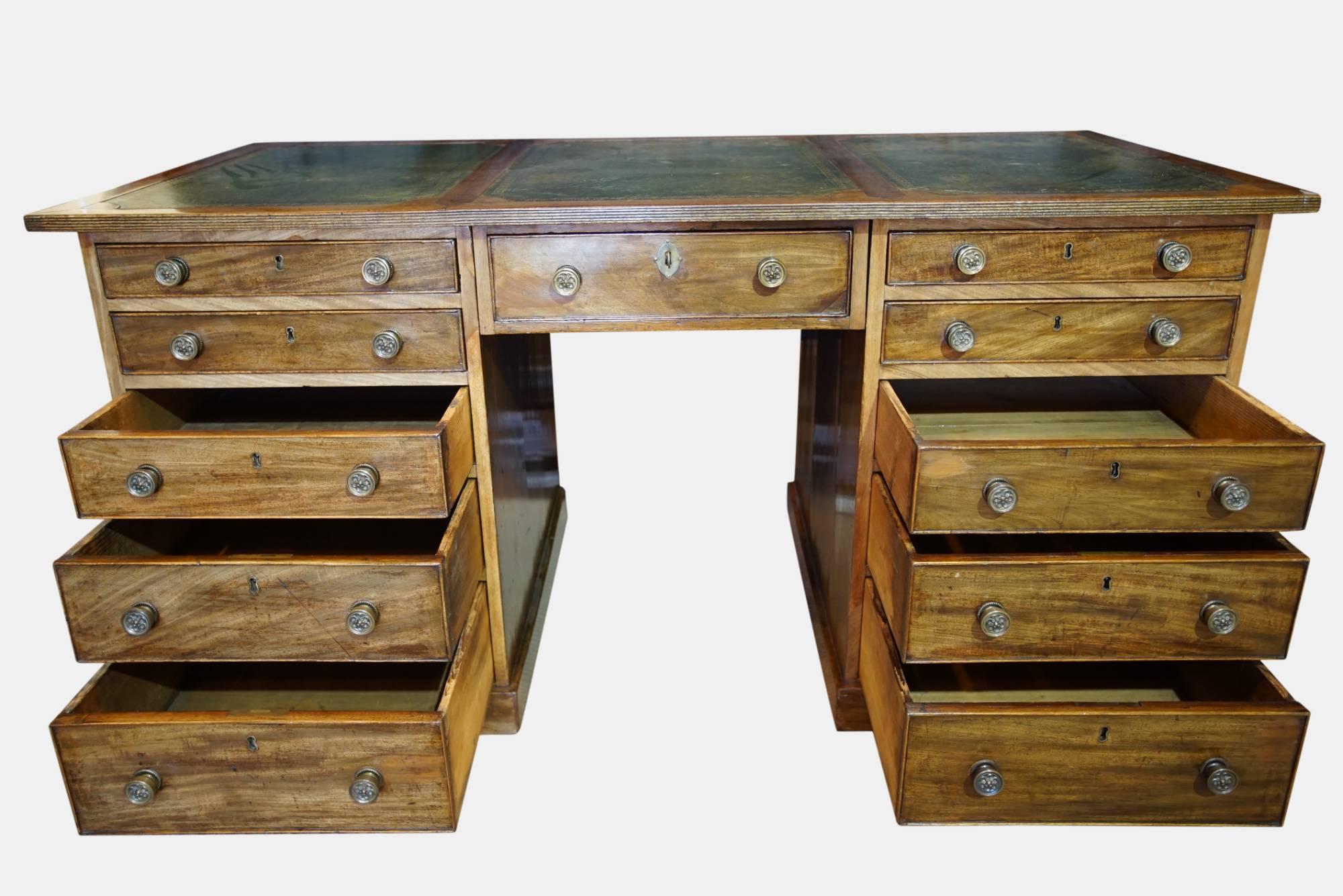 A mahogany pedestal desk with dummy drawers to rear,

circa 1850.