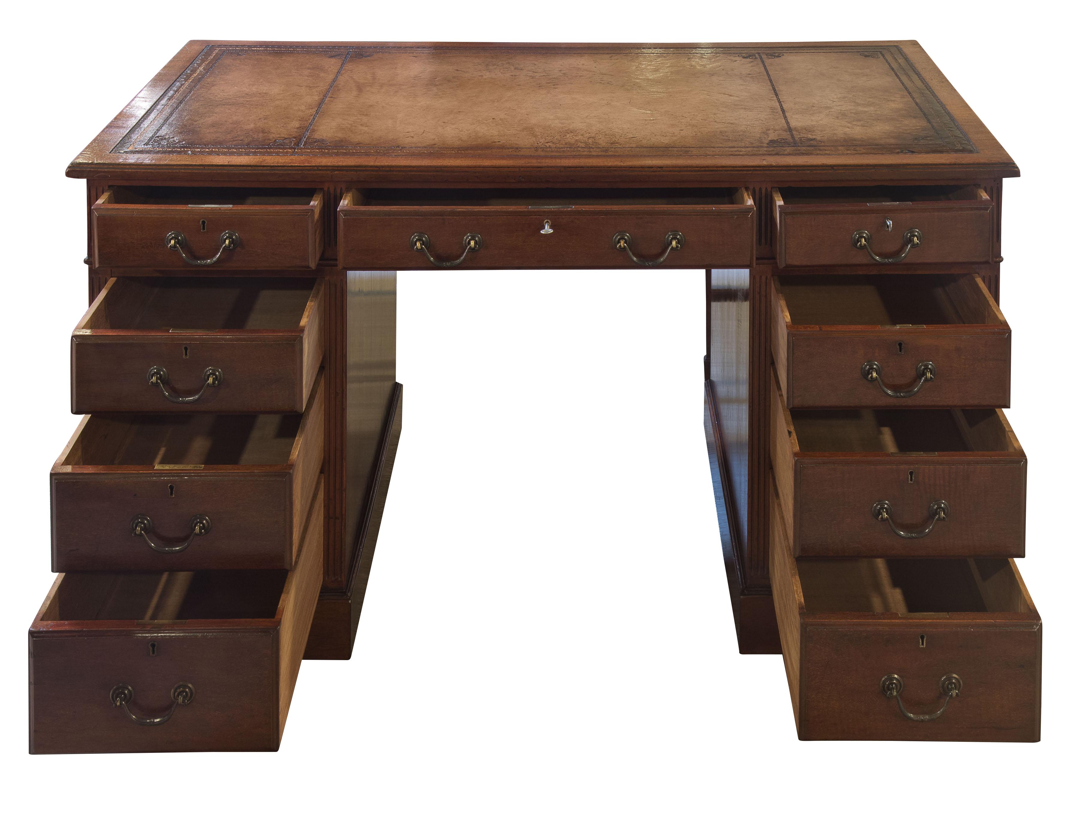 Mahogany pedestal desk with antique tan leather top,

 

circa 1900.