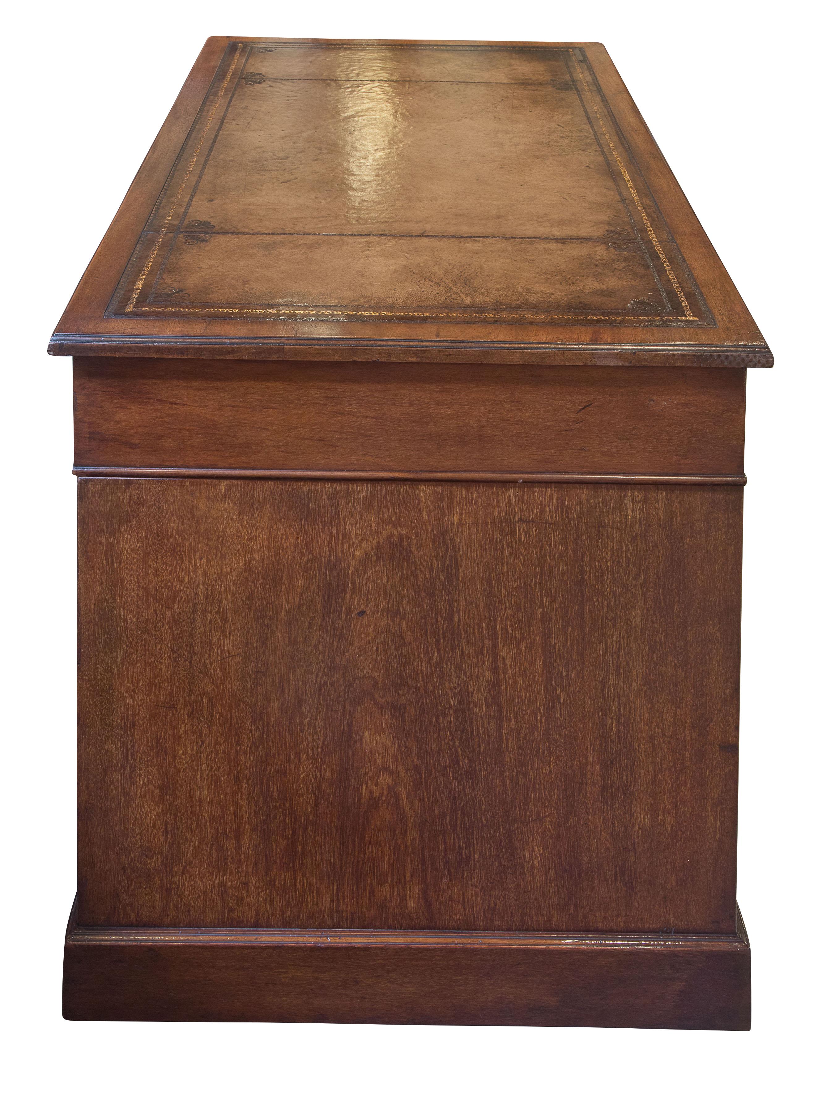Late Victorian Mahogany Pedestal Desk with Antique Tan Leather Top, circa 1900 For Sale