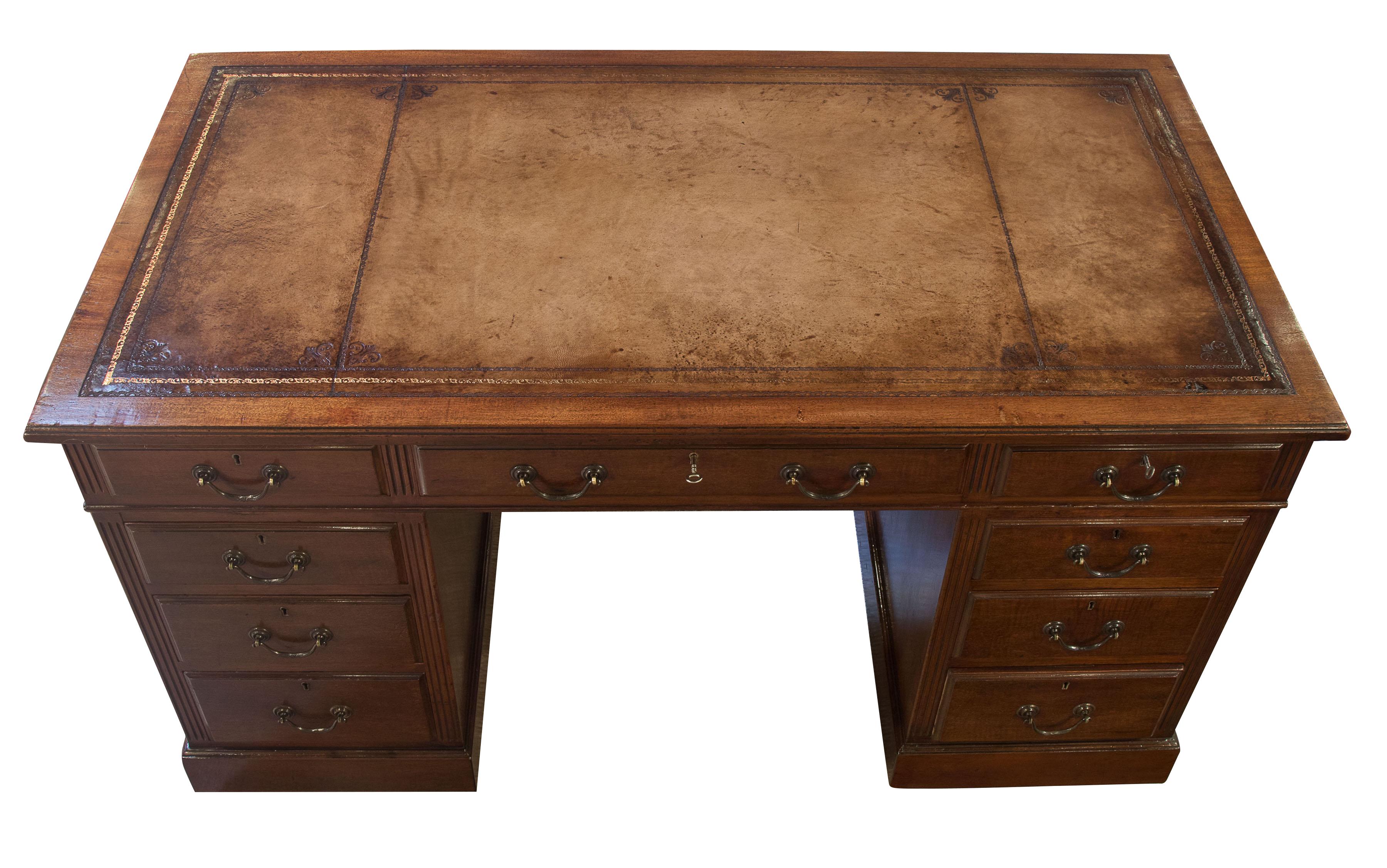 English Mahogany Pedestal Desk with Antique Tan Leather Top, circa 1900 For Sale