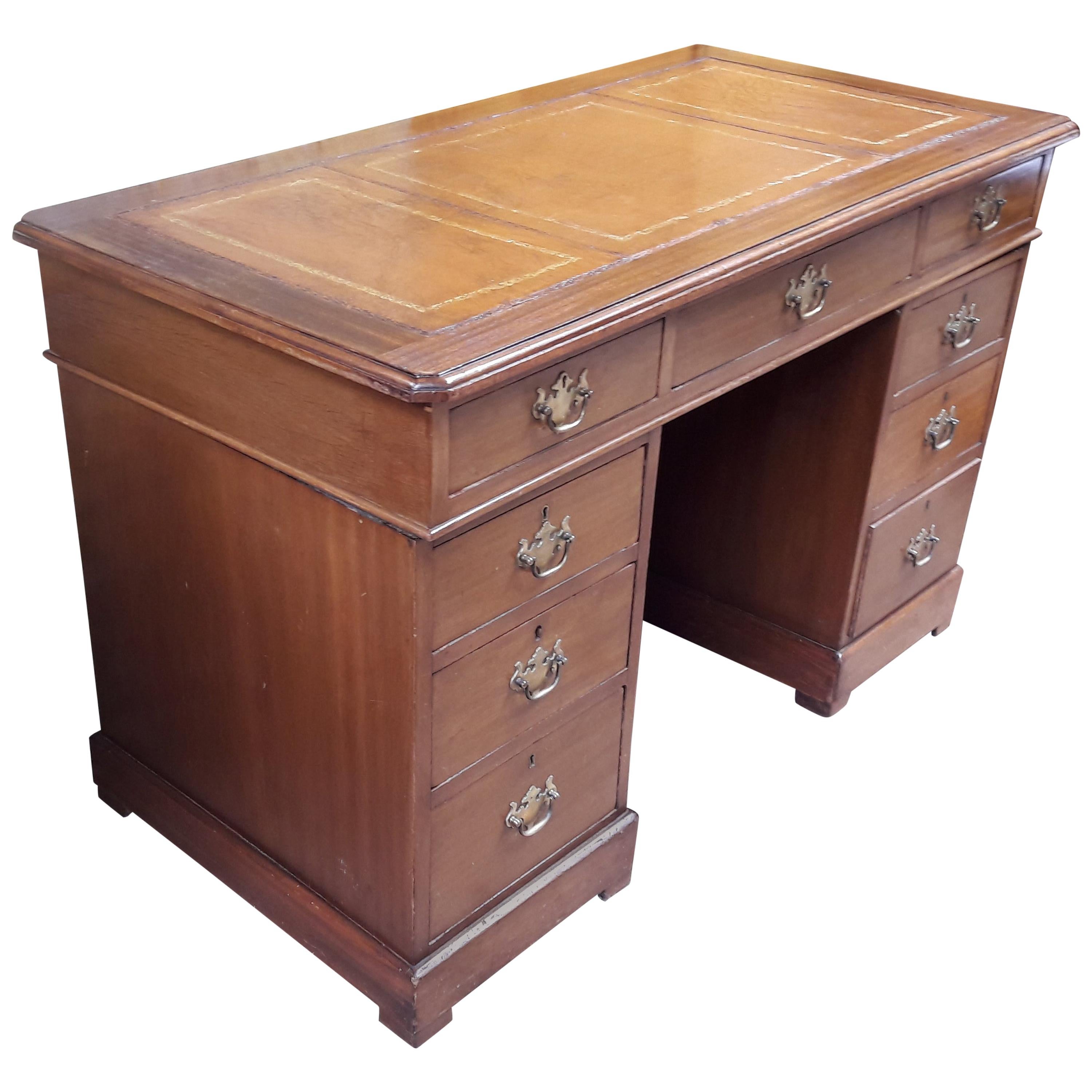 Mahogany Pedestal Desk With Tan Leather, 20th Century For Sale