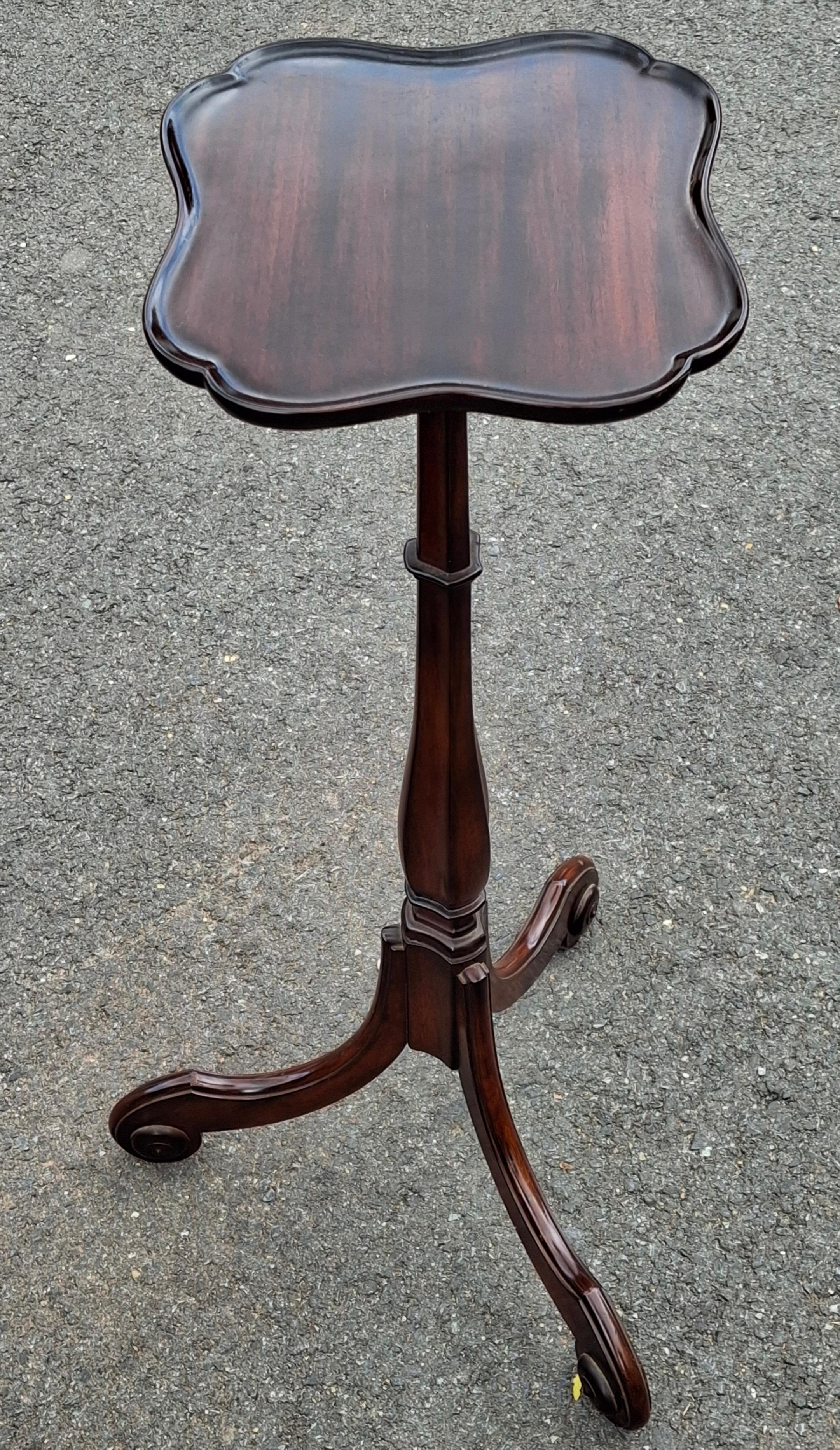 Stained Mahogany Pedestal Scrolled Tripod Floor Candle Stand Pedestal For Sale
