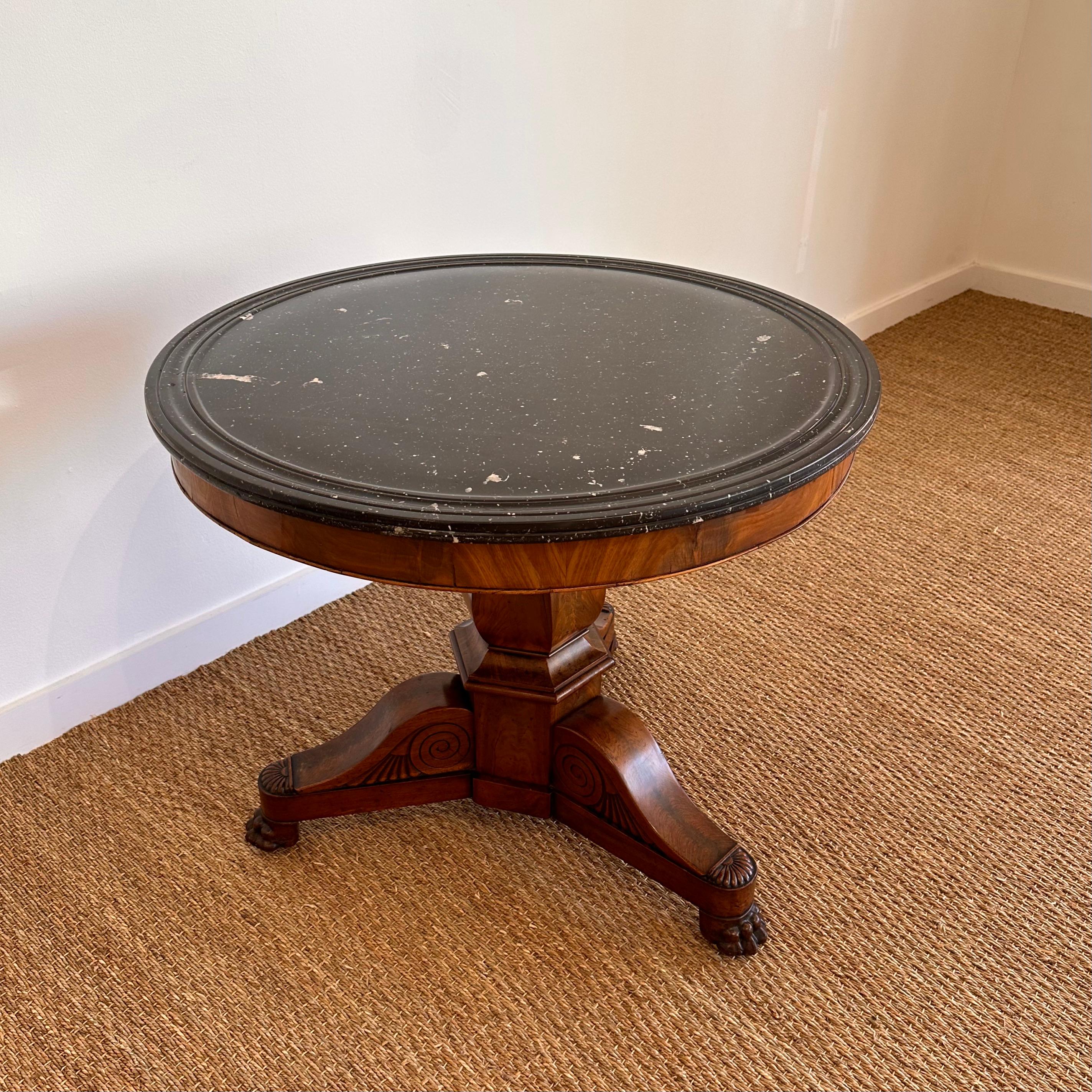 Carved Mahogany Pedestal table with Original stone Top For Sale