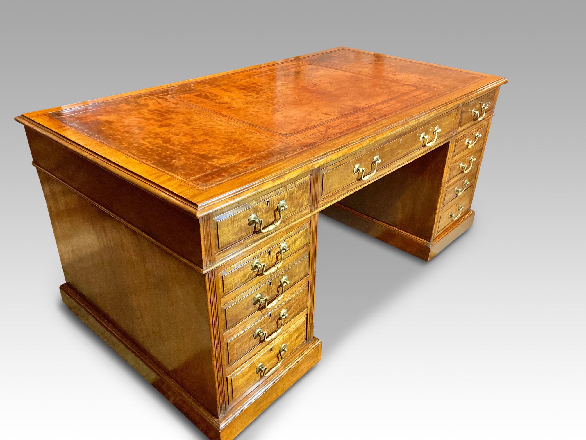 Large mahogany pedestal writing desk, English, circa 1900. Ideal for commercial and home office. This is a smart professionals desk from a smoke free home, looking for the same!
A very large and substantial desk, featuring eleven smoothly deep
