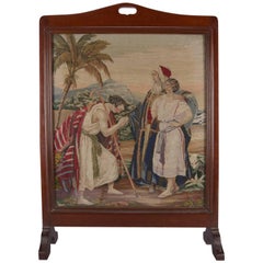 Mahogany Pictorial Needlepoint Fire Screen, Biblical Jacob & Leah, circa 1890