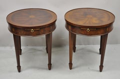 Mahogany Pinwheel Inlay Oval Federal Lamp End Table Pull Out Surface, a Pair