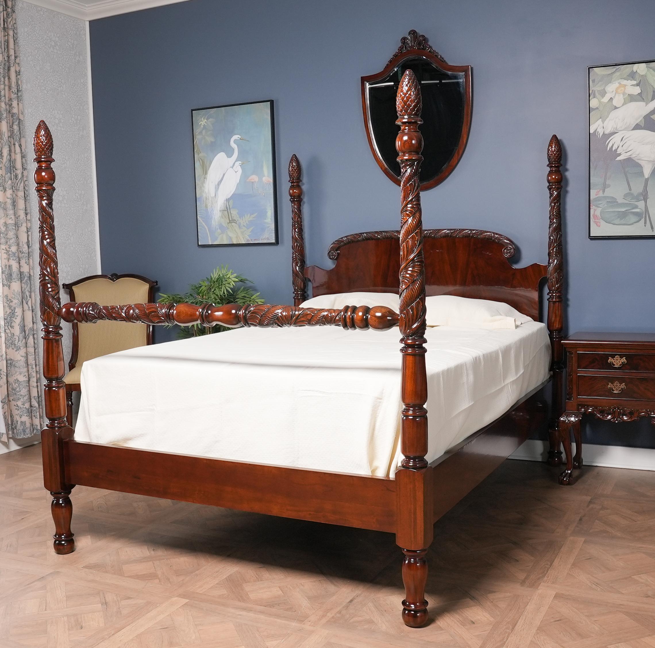 A Mahogany Queen Size Poster Bed with Hand Carved Pineapple Topped Posts. A Solid Mahogany Frame and the finest mahogany veneered headboard panel combine together to create a high quality, beautiful and elegant bed. This piece compliments many of