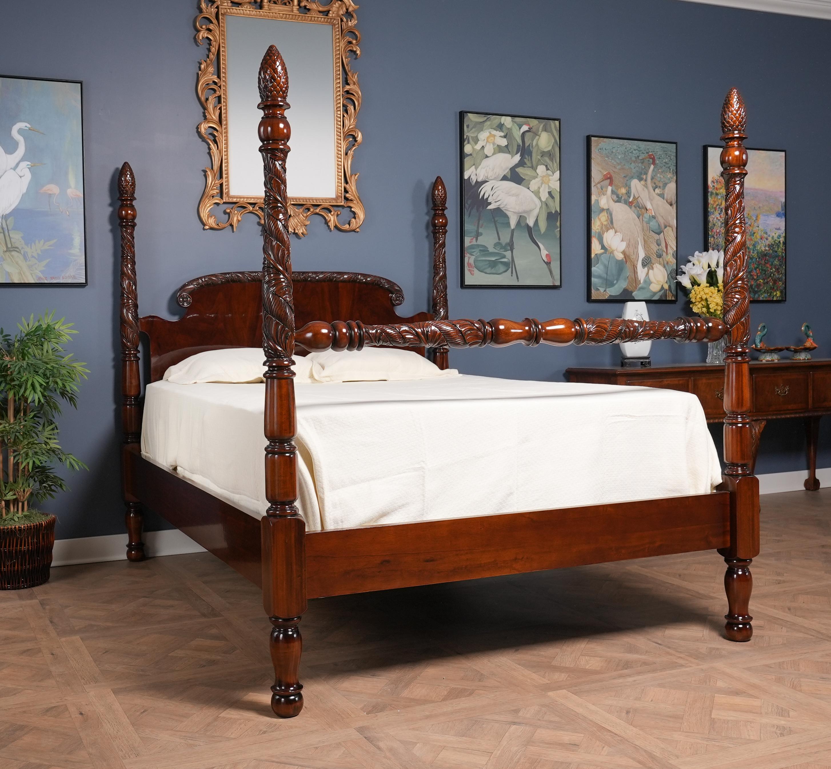 Hand-Carved Mahogany Queen Size Poster Bed For Sale