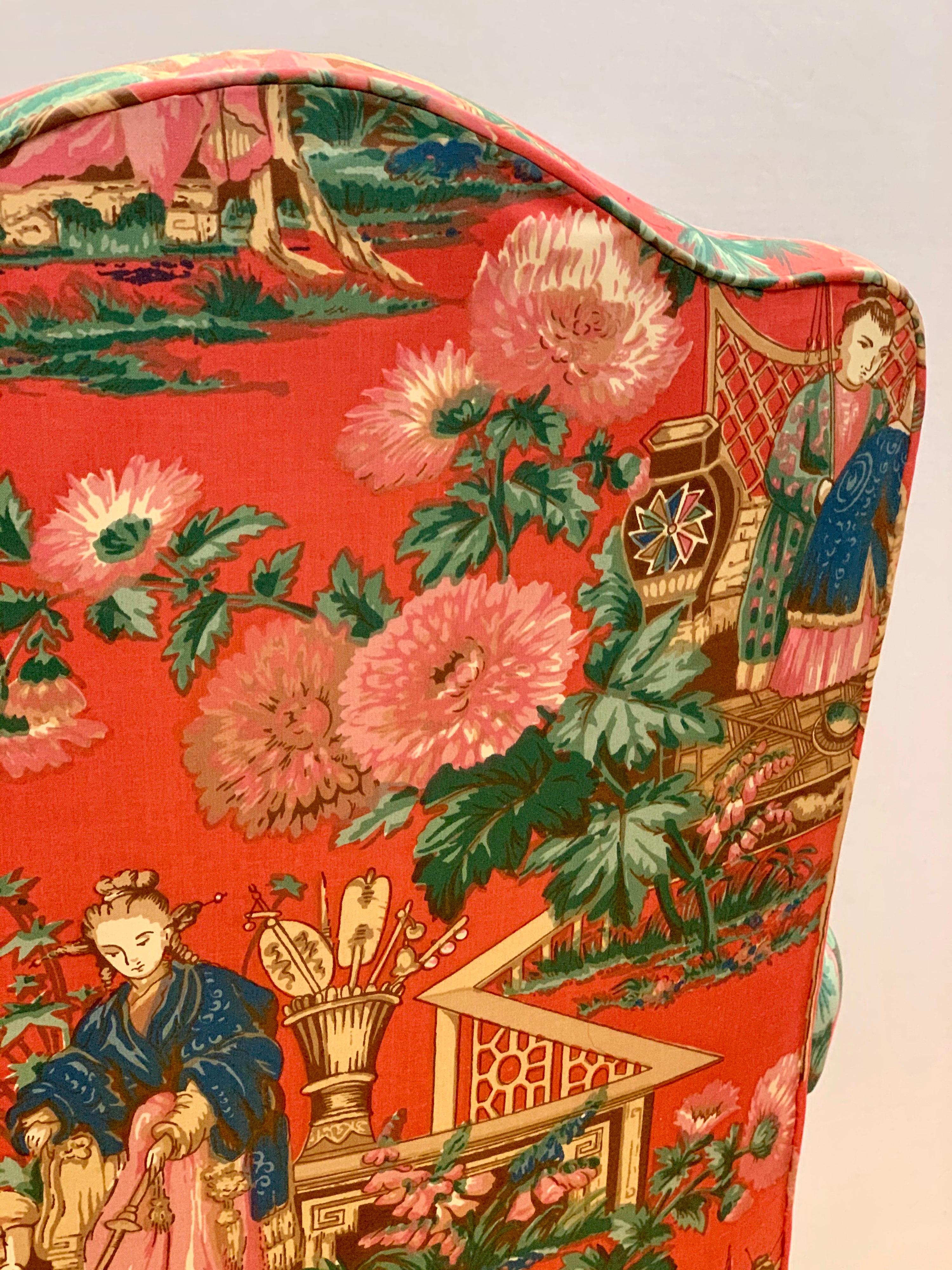 French Bergere Louis XV Chair With Red Chinoiserie Fabric 3
