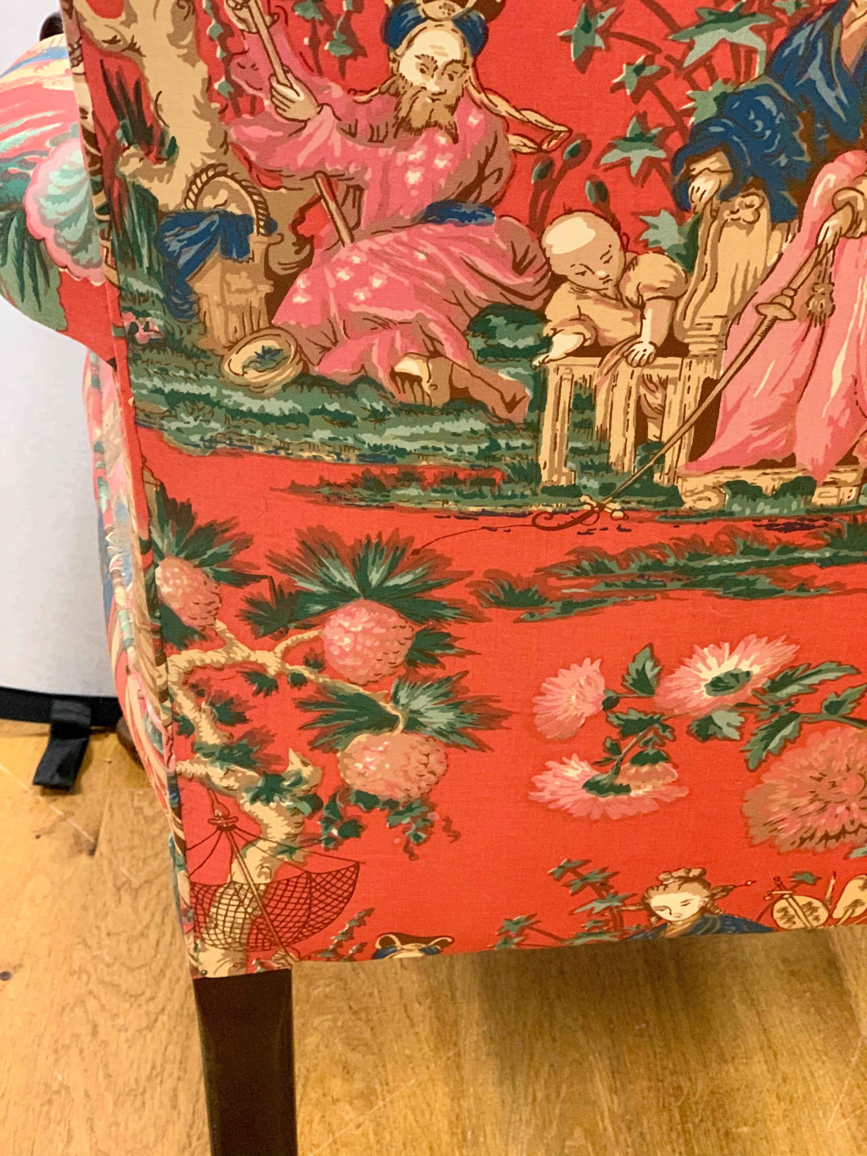 French Bergere Louis XV Chair With Red Chinoiserie Fabric 4