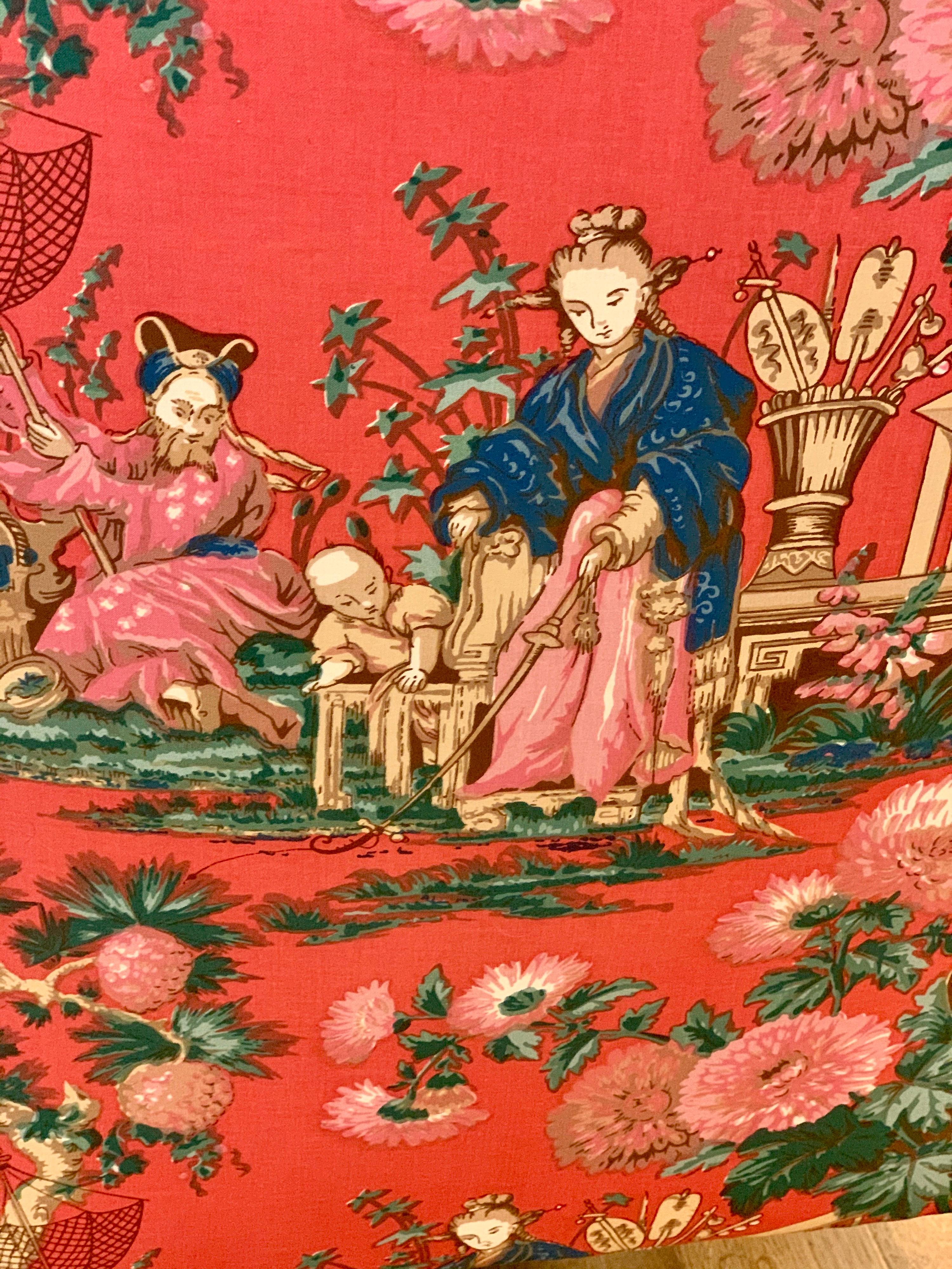 French Bergere Louis XV Chair With Red Chinoiserie Fabric 5