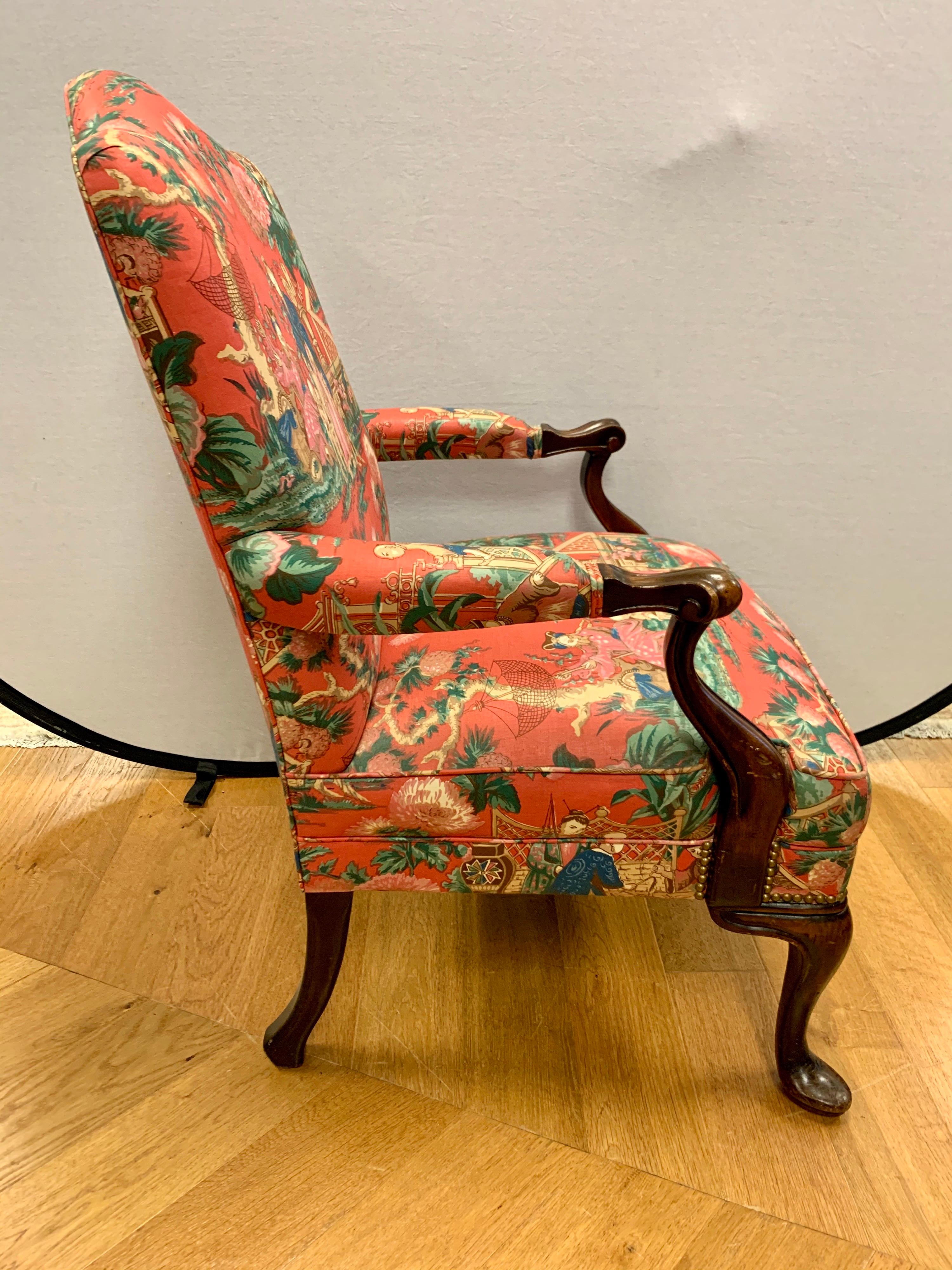 French Bergere Louis XV Chair With Red Chinoiserie Fabric 7