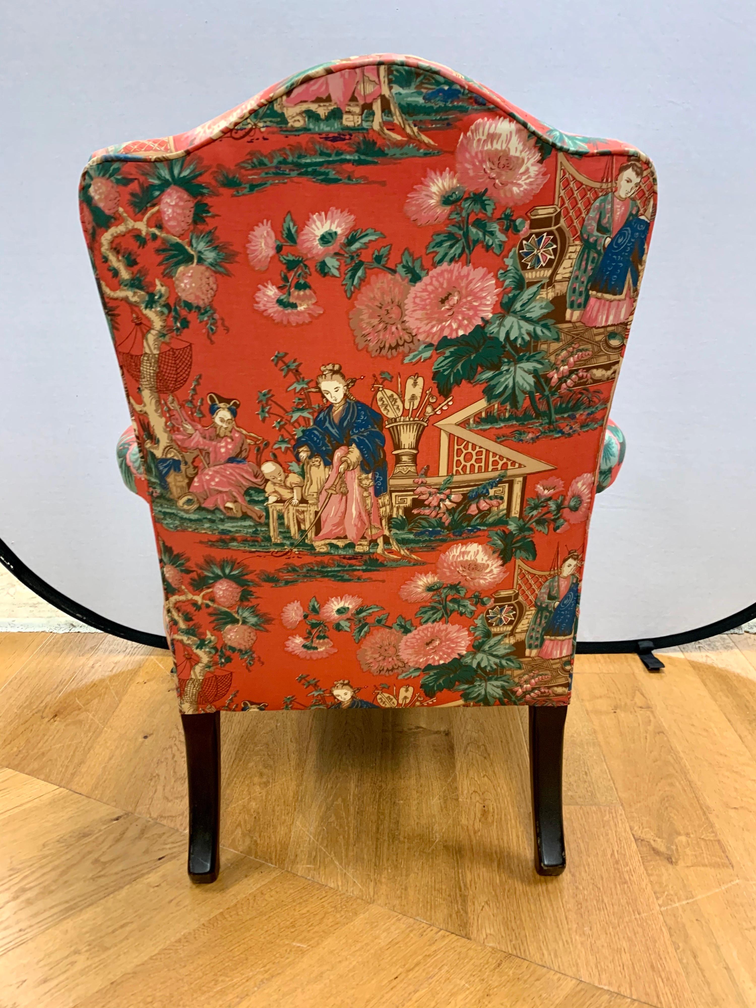 French Bergere Louis XV Chair With Red Chinoiserie Fabric 2